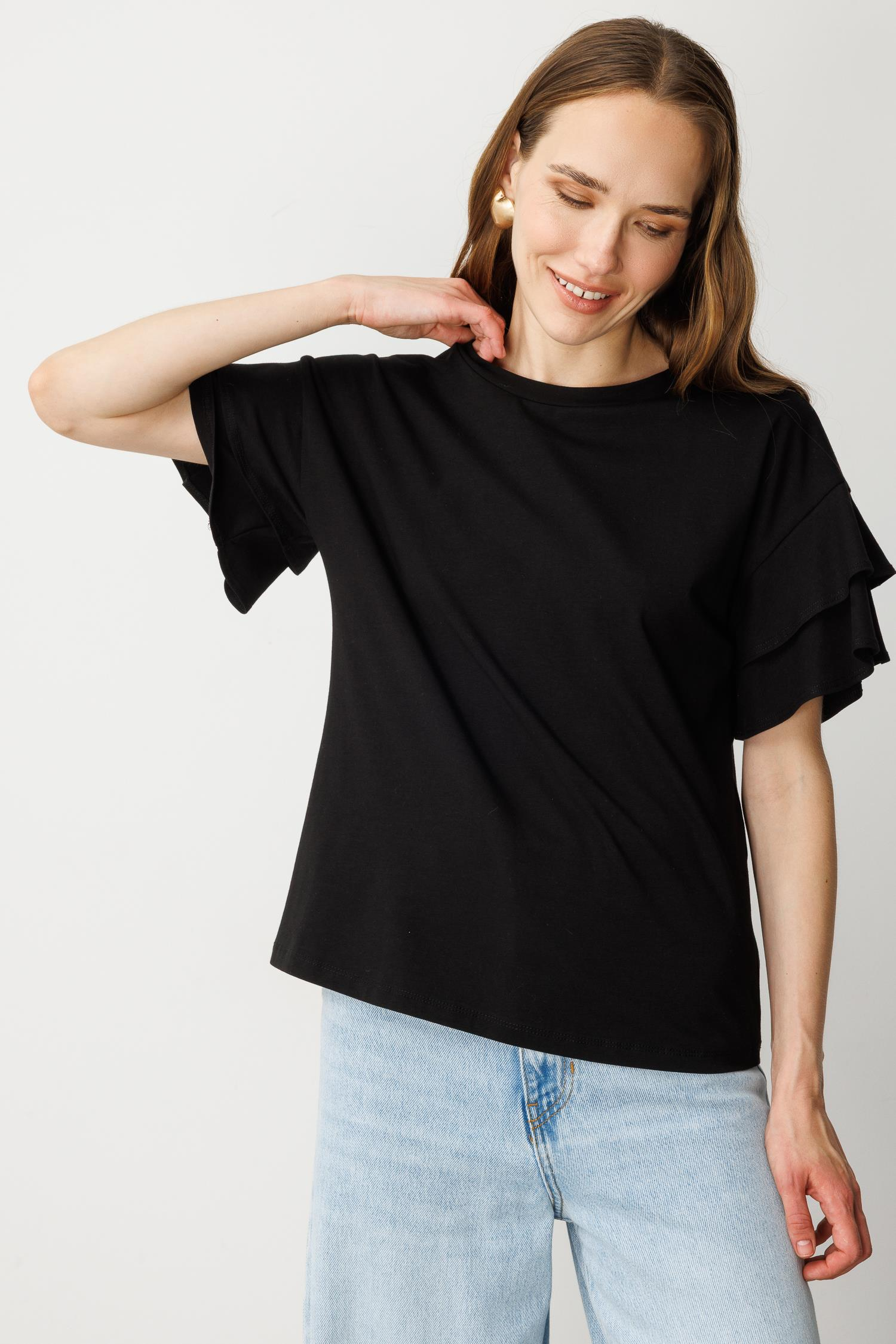 Kolları Volanlı Tişört-SİYAH