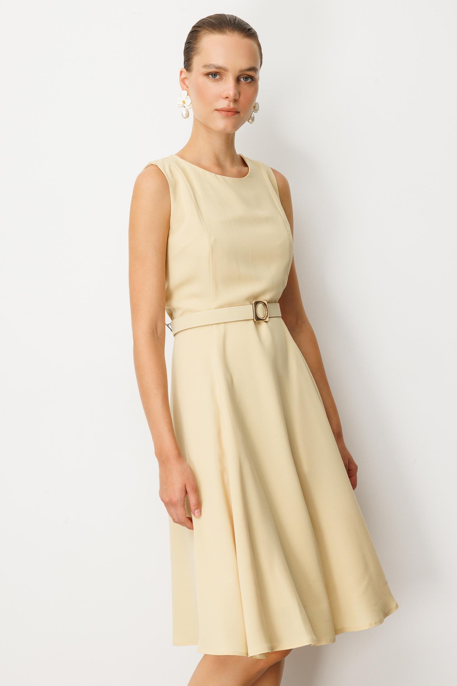 Kolsuz Krep Elbise-SARI