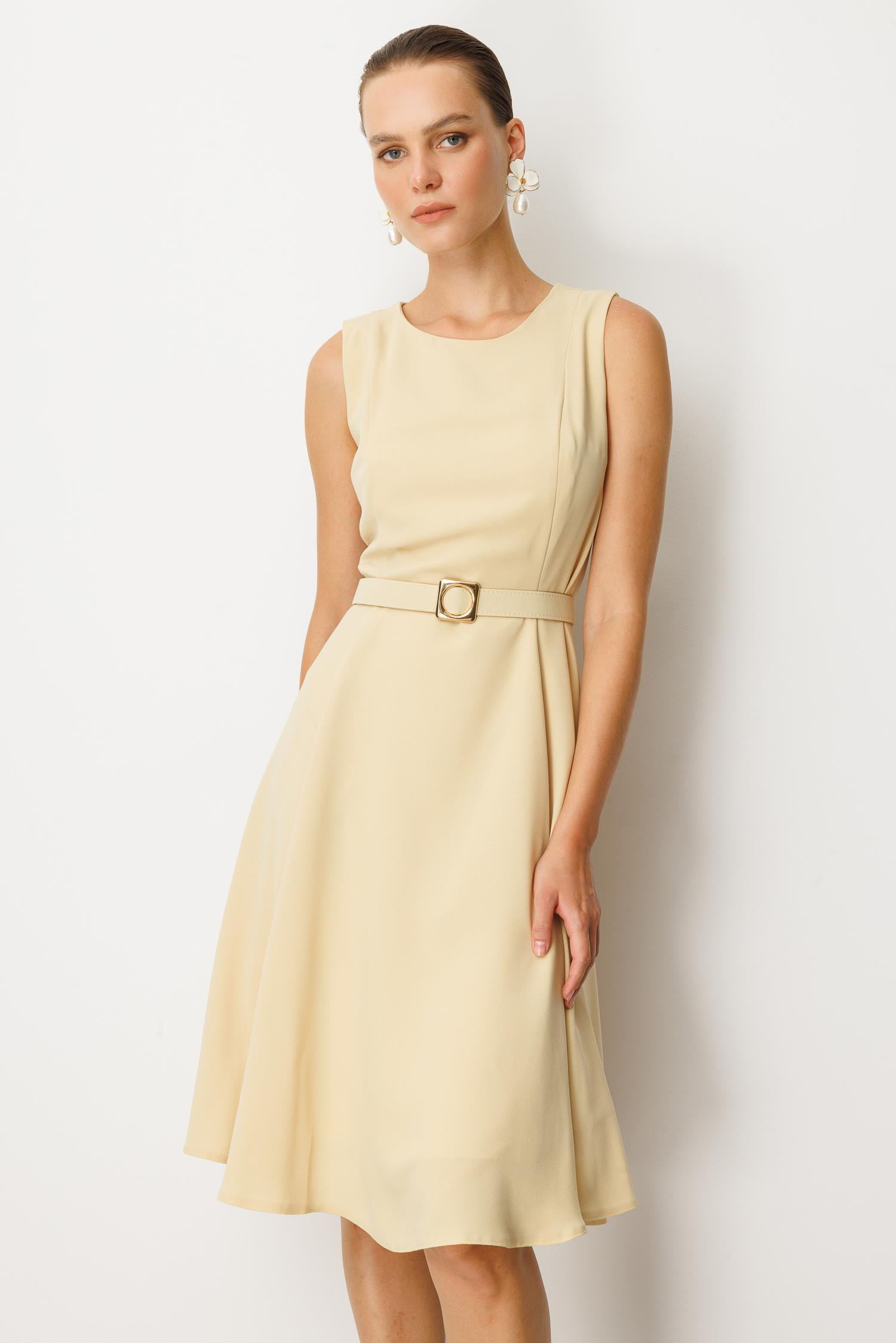 Kolsuz Krep Elbise-SARI