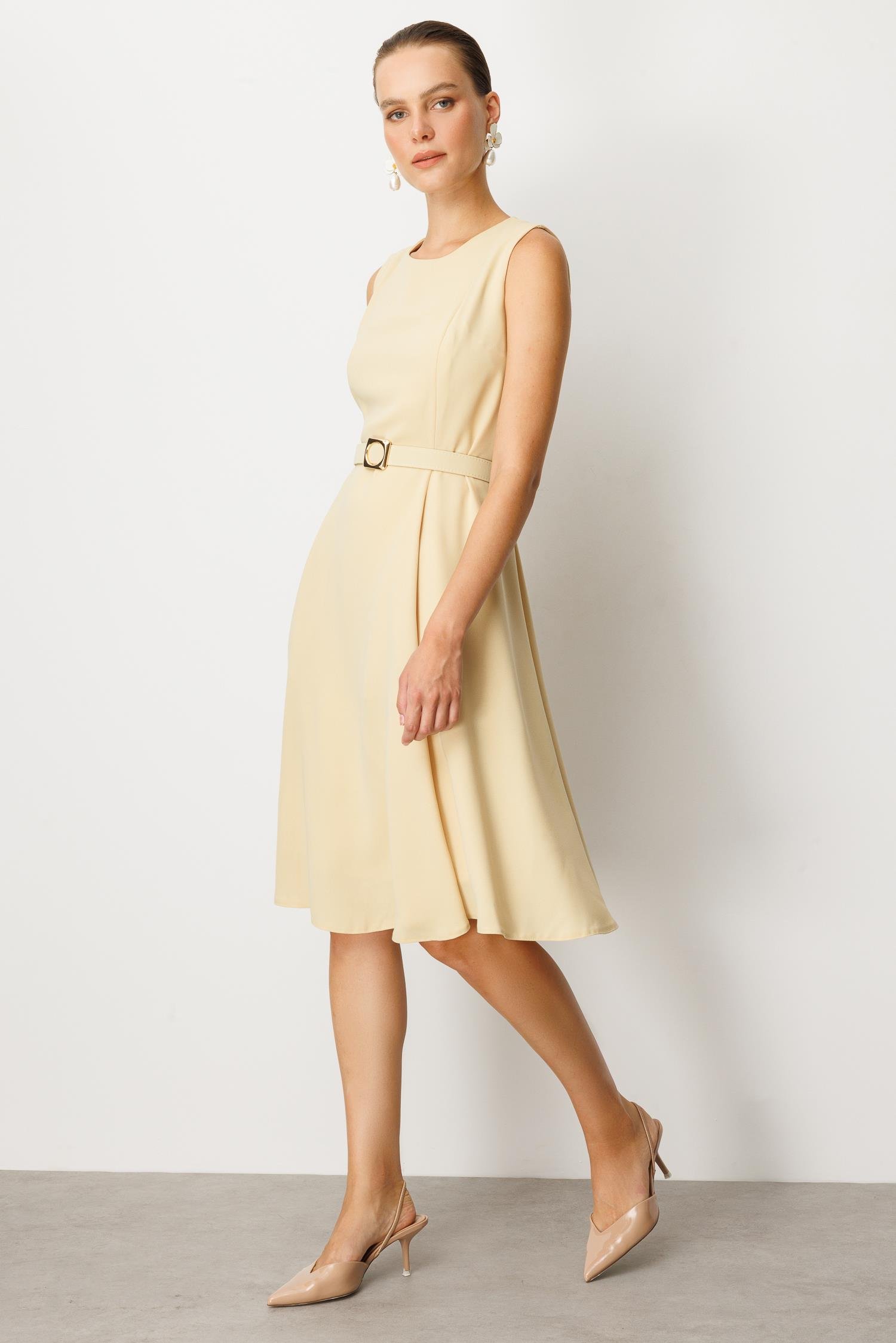 Kolsuz Krep Elbise-SARI