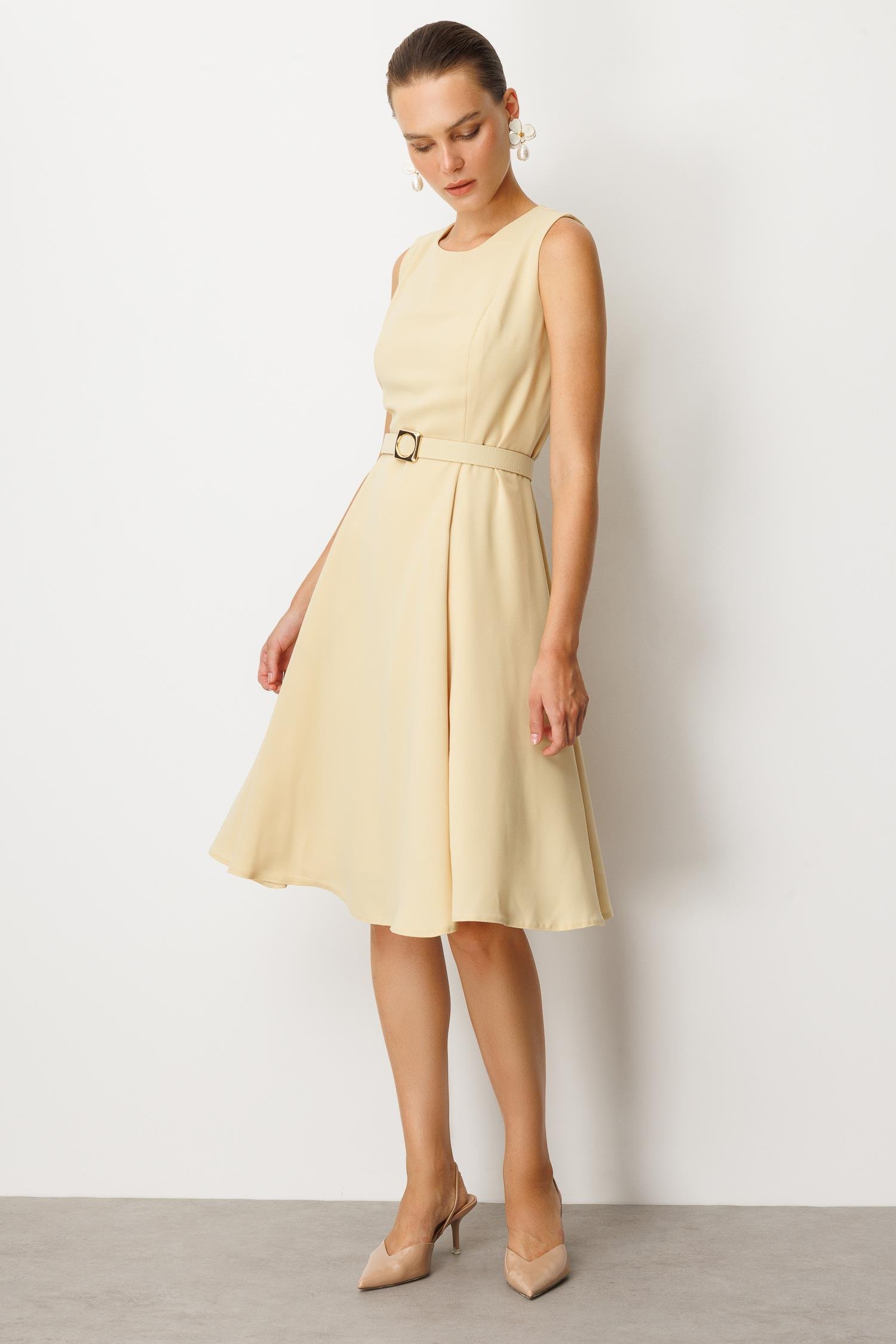 Kolsuz Krep Elbise-SARI