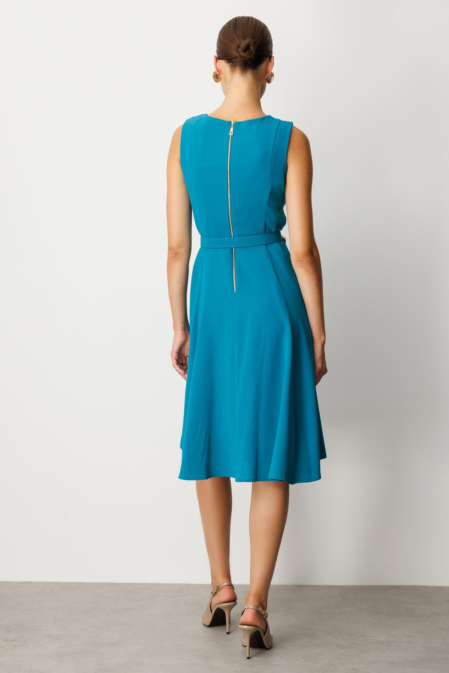 Kolsuz Krep Elbise-TURKUAZ