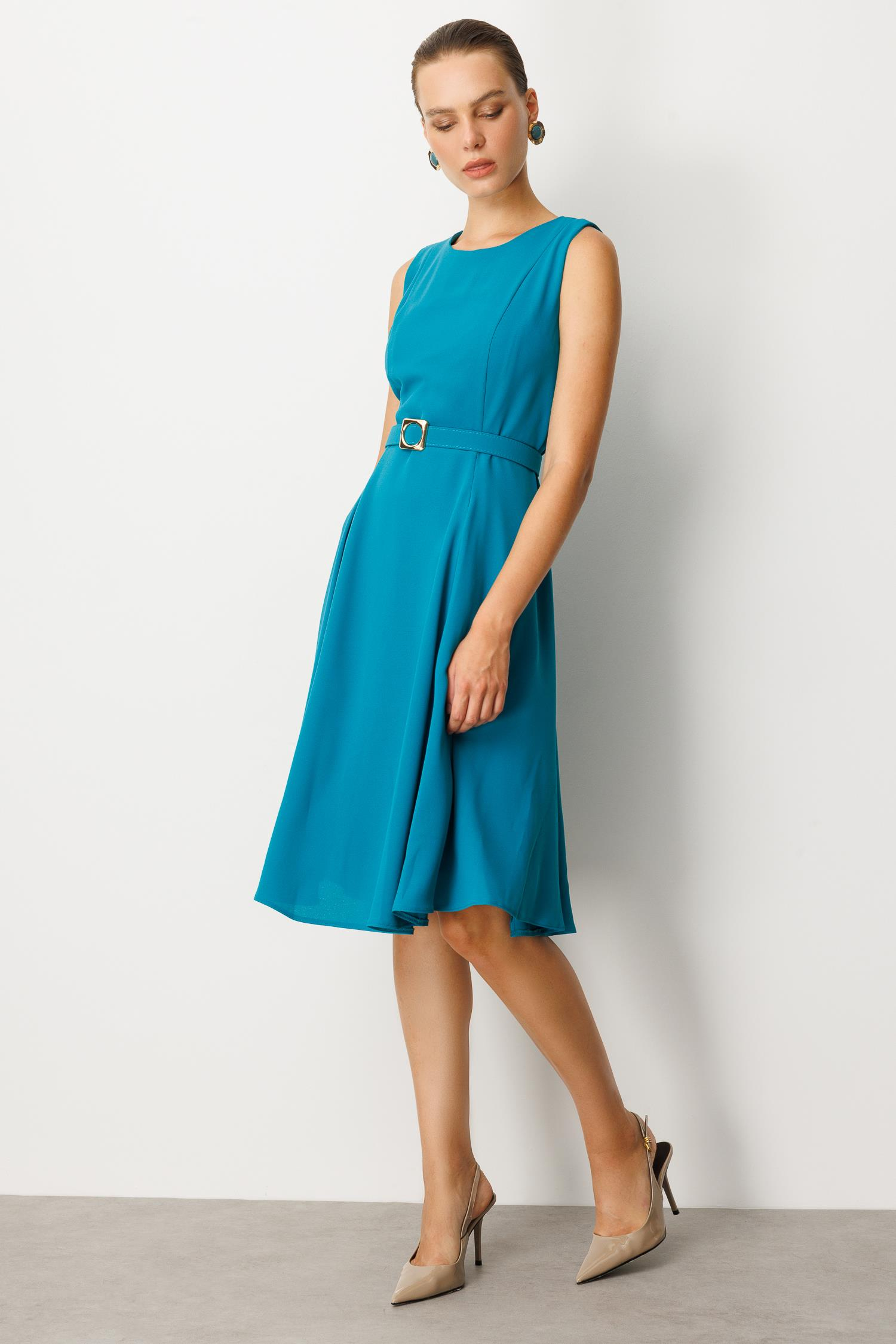 Kolsuz Krep Elbise-TURKUAZ