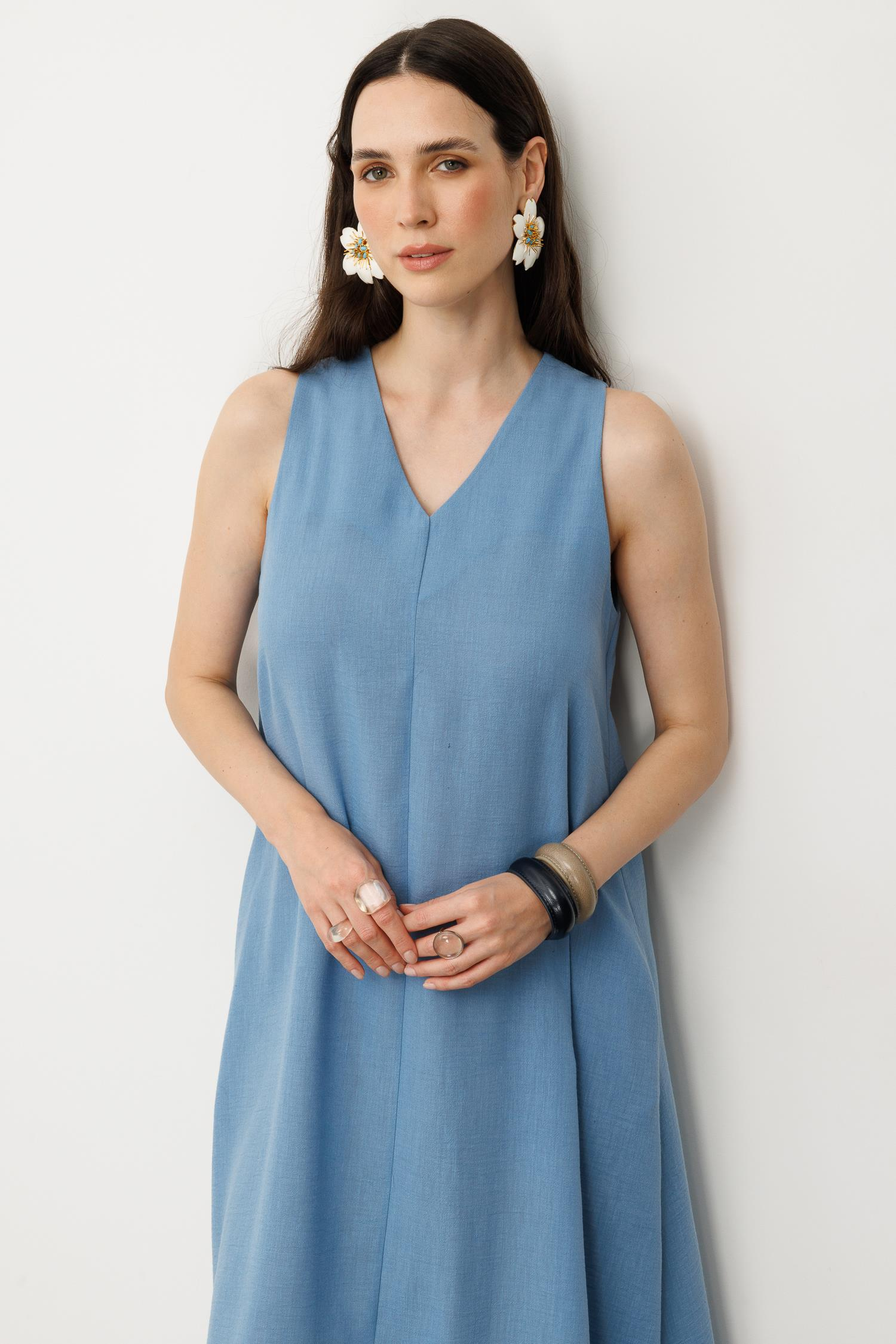 Kolsuz V Yaka Rahat Kesim Elbise-MAVİ