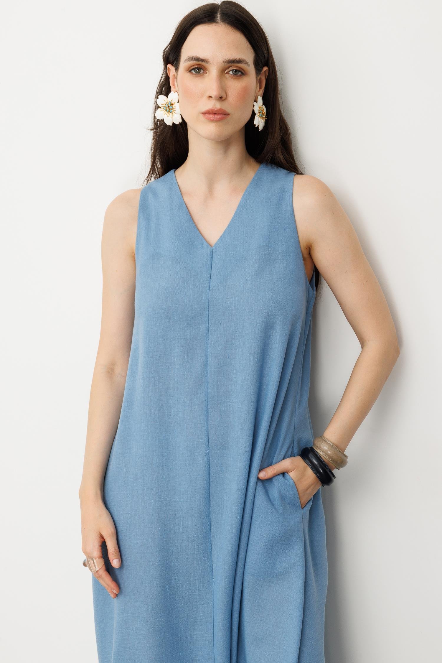 Kolsuz V Yaka Rahat Kesim Elbise-MAVİ