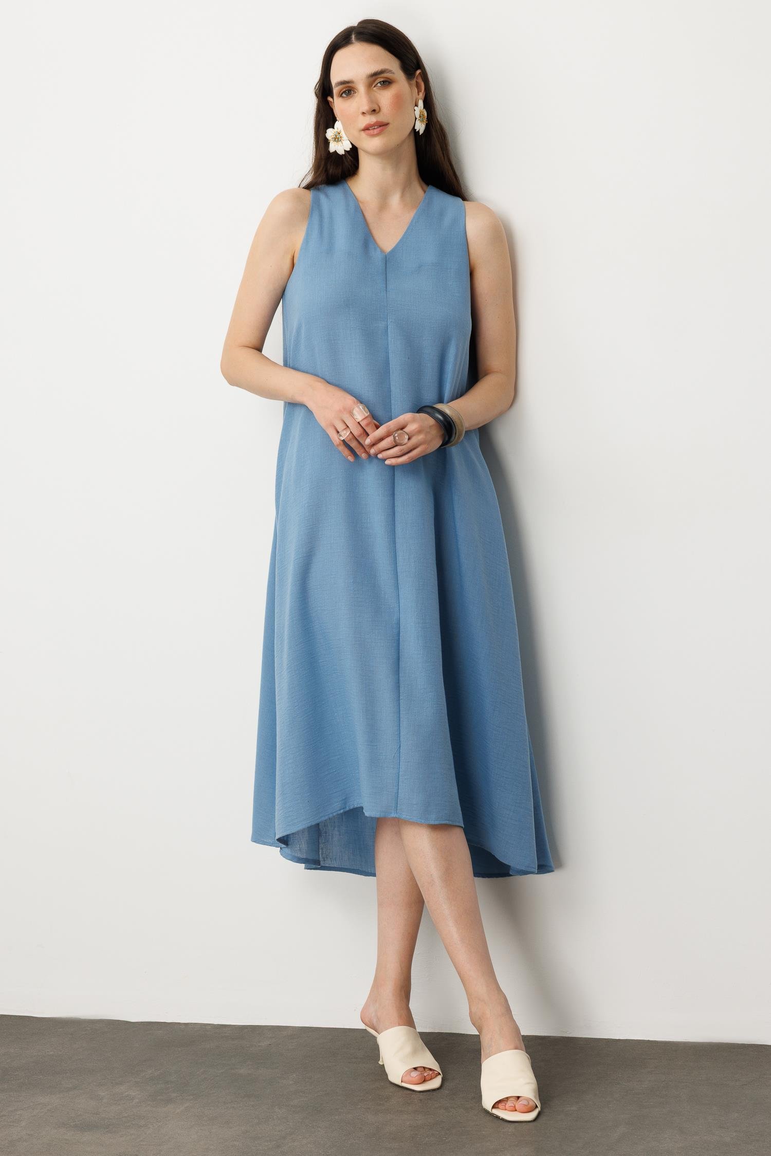 Kolsuz V Yaka Rahat Kesim Elbise-MAVİ