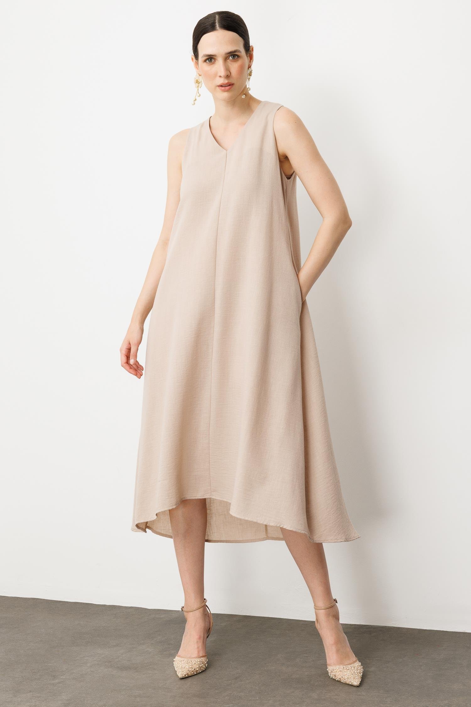 Kolsuz V Yaka Rahat Kesim Elbise-TAŞ