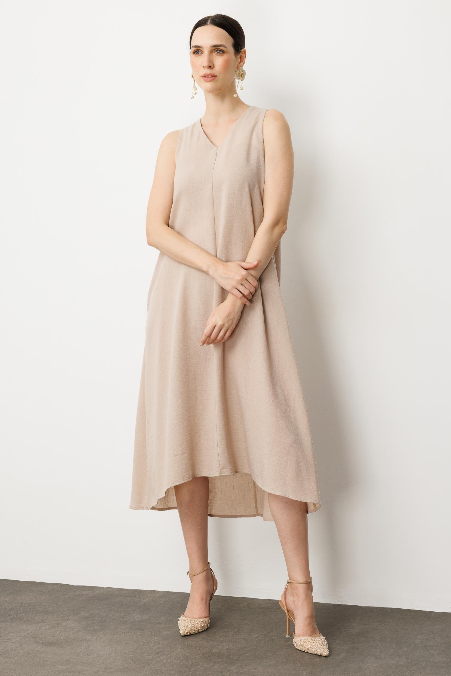 Kolsuz V Yaka Rahat Kesim Elbise-TAŞ