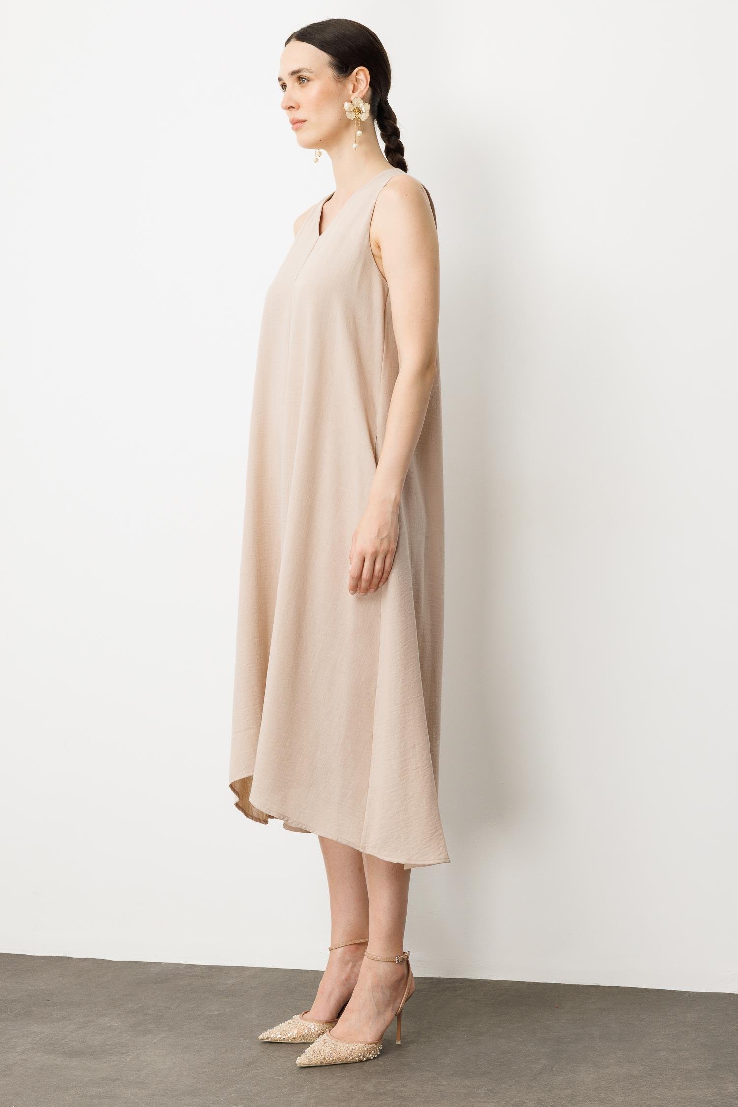 Kolsuz V Yaka Rahat Kesim Elbise-TAŞ