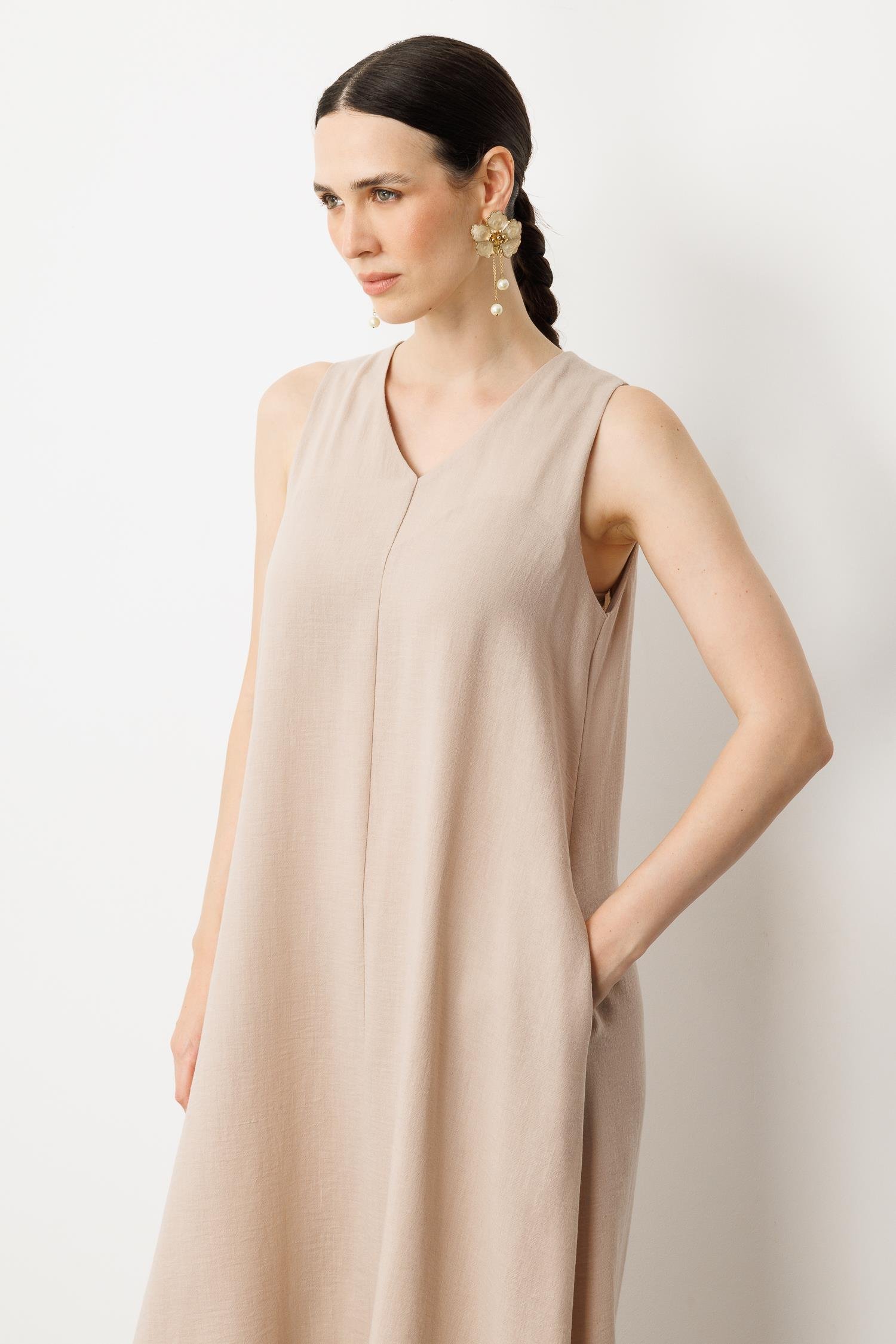 Kolsuz V Yaka Rahat Kesim Elbise-TAŞ