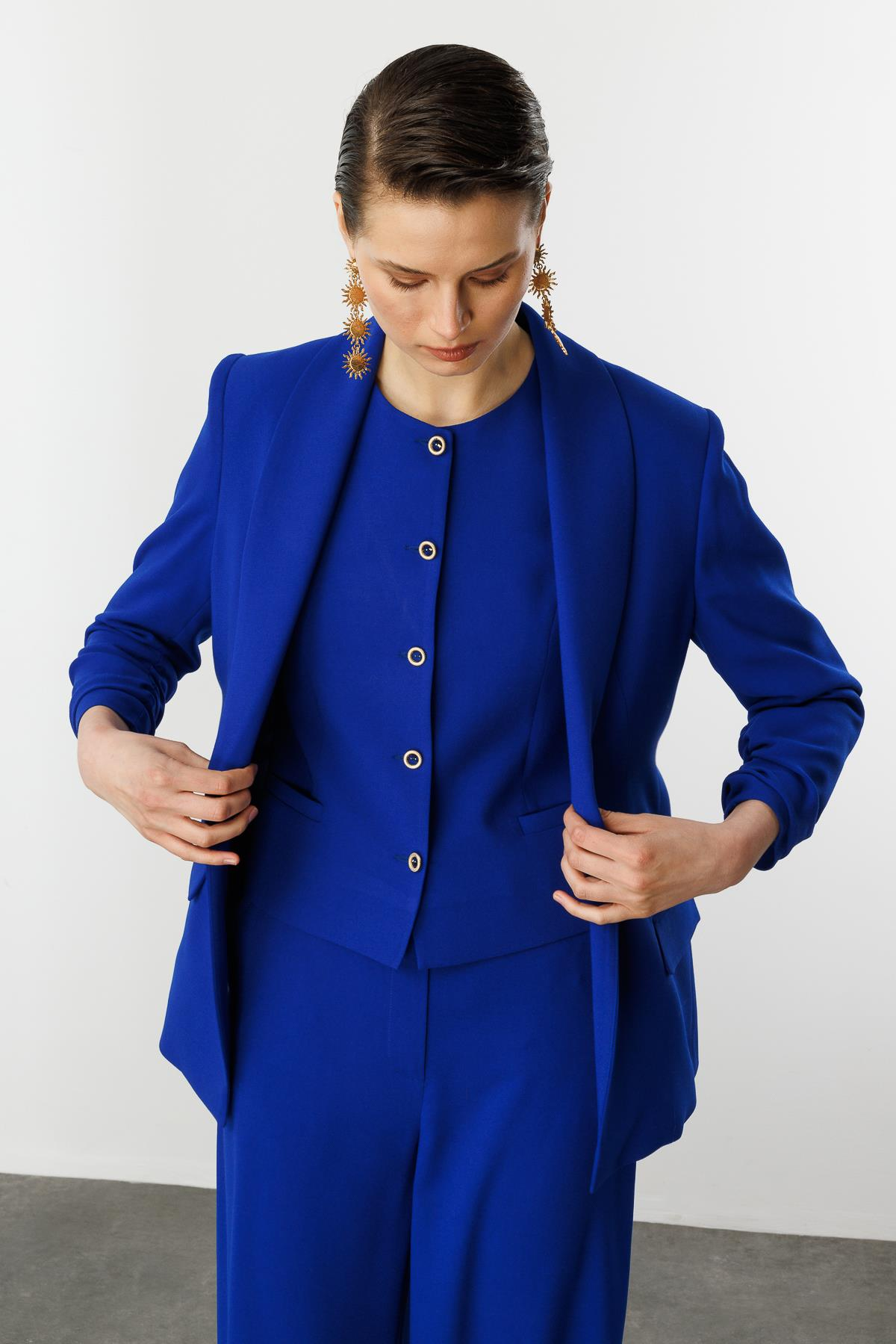 Kolu Büzgülü Cep Detaylı Ceket-SAX