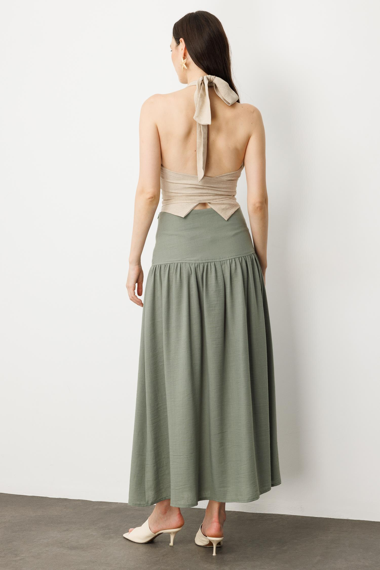 Korsajlı Büzgülü Uzun Etek-HAKİ