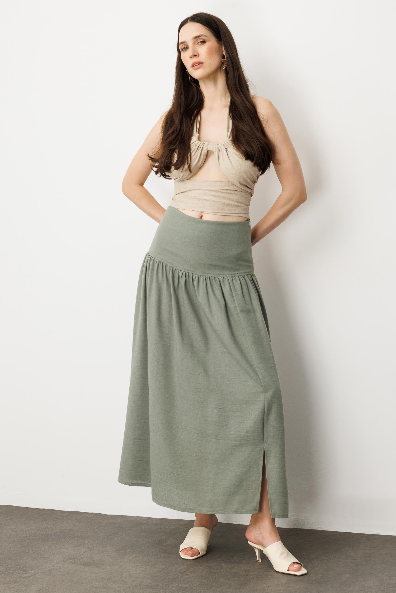 Korsajlı Büzgülü Uzun Etek-HAKİ