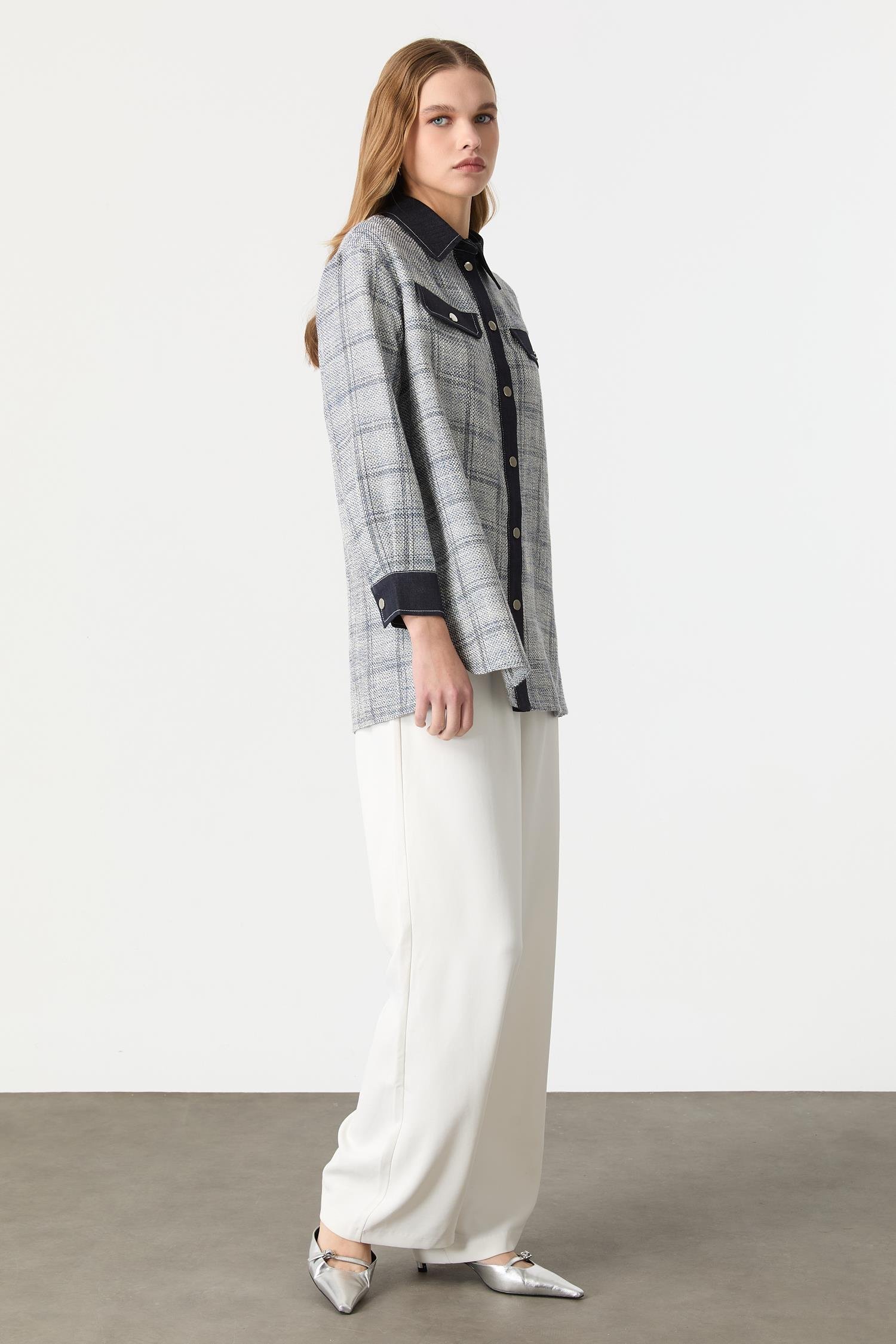 Kot Detaylı Ekose Gömlek-MAVİ