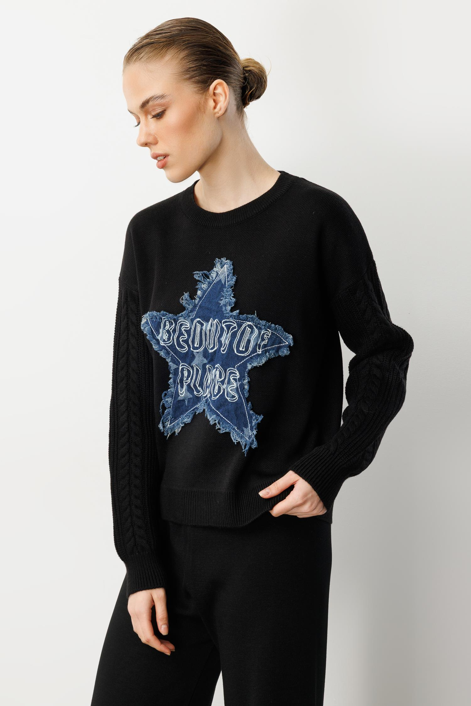 Kot Yıldız Detaylı Triko Kazak-SİYAH