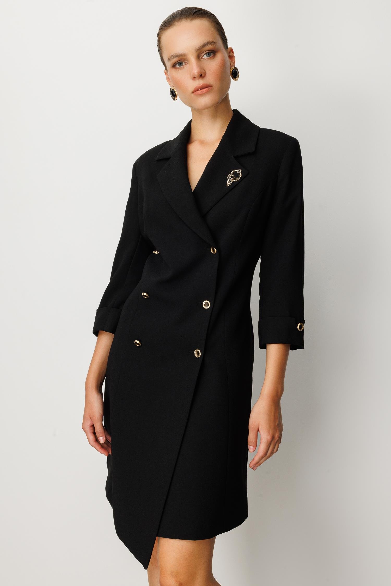 Kruvaze Yaka Düğmeli Ceket Elbise-SİYAH