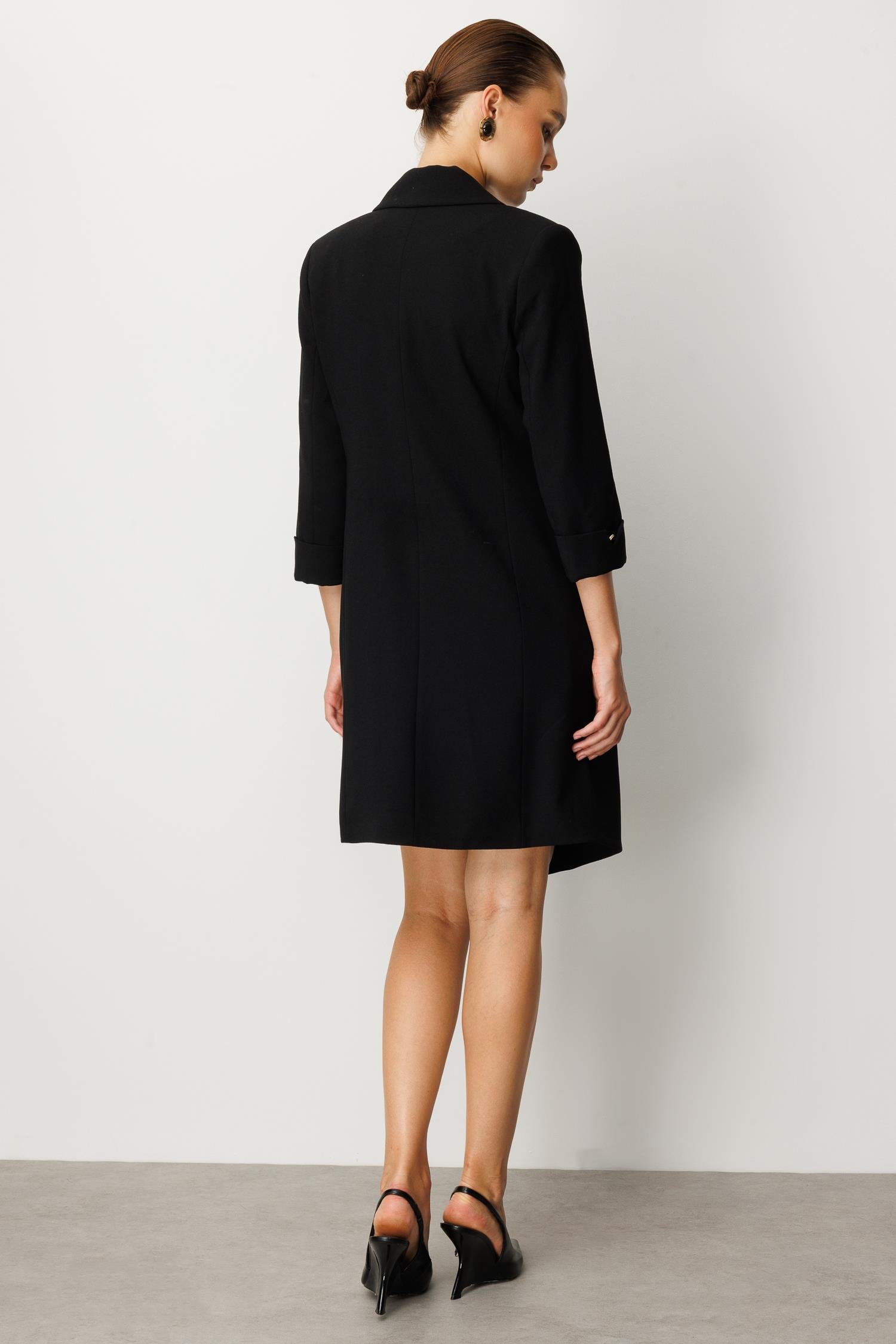 Kruvaze Yaka Düğmeli Ceket Elbise-SİYAH