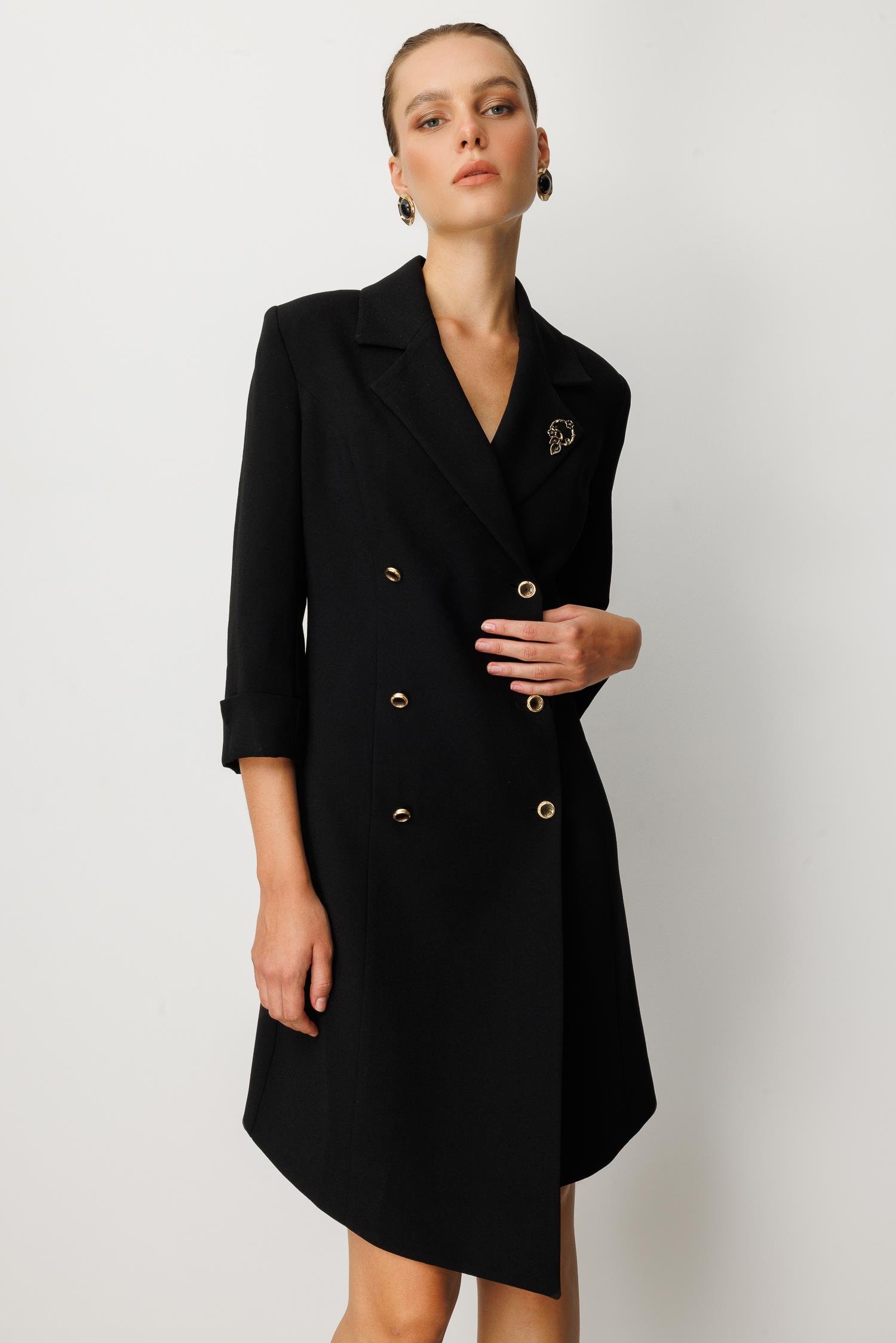 Kruvaze Yaka Düğmeli Ceket Elbise-SİYAH