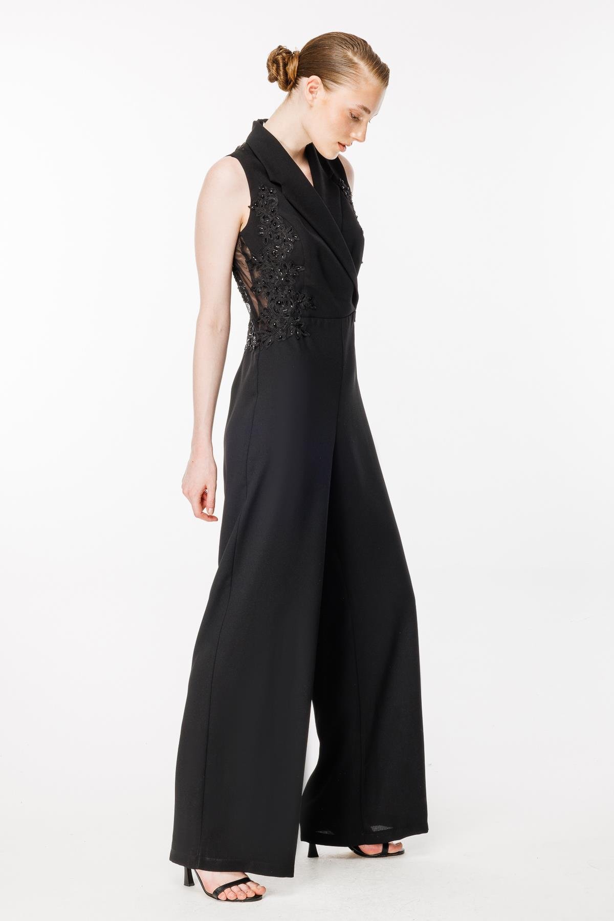 Kruvaze Yaka Güpür Detaylı Abiye Tulum - SİYAH