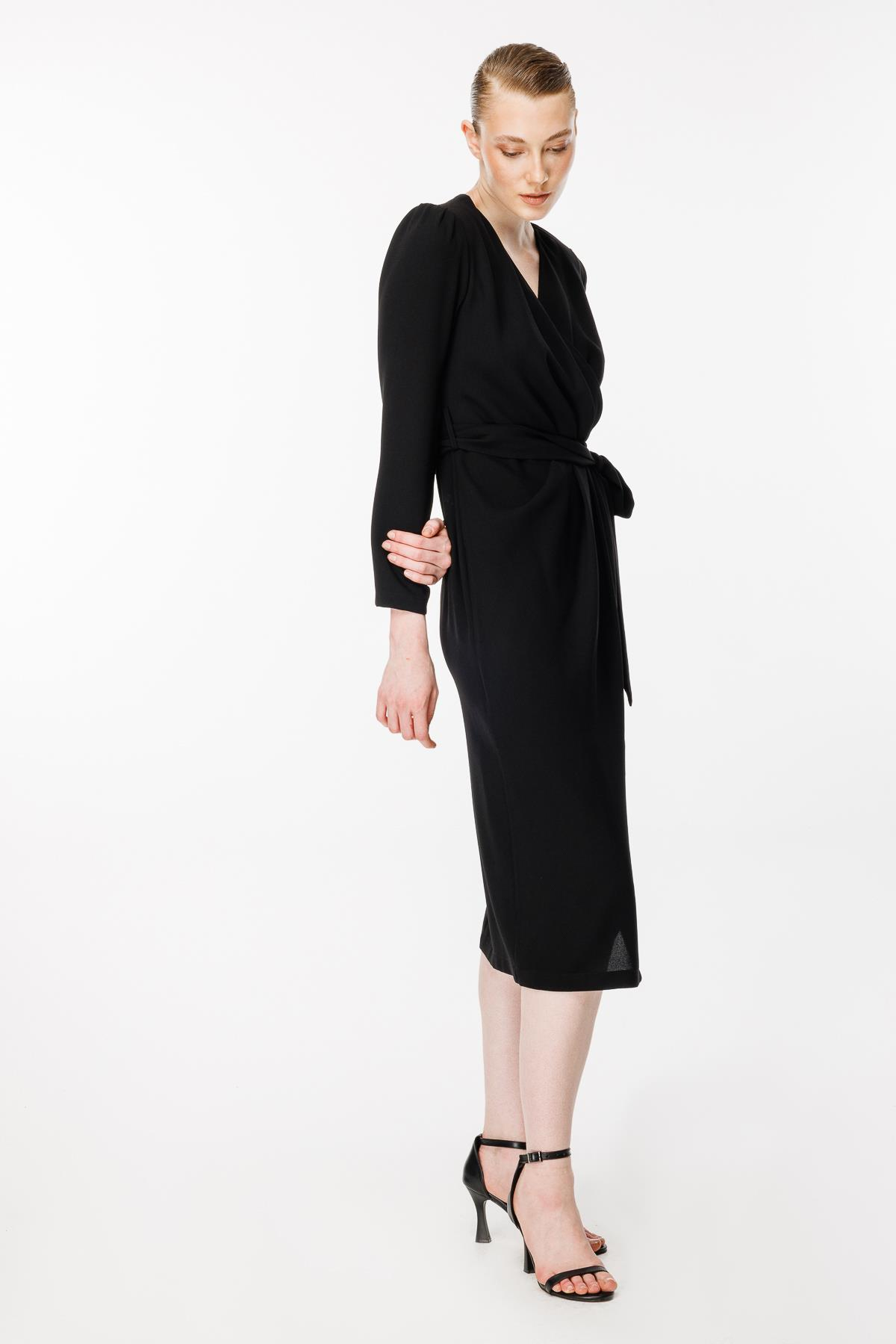 Kruvaze Yaka Kemerli Abiye Elbise - SİYAH