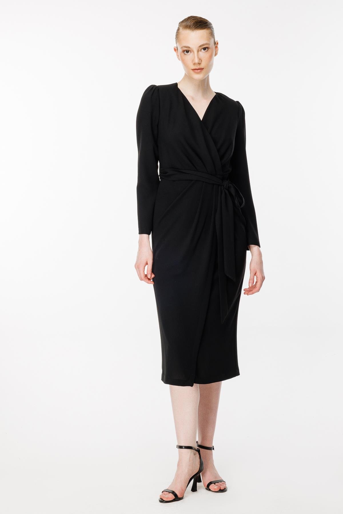 Kruvaze Yaka Kemerli Abiye Elbise - SİYAH