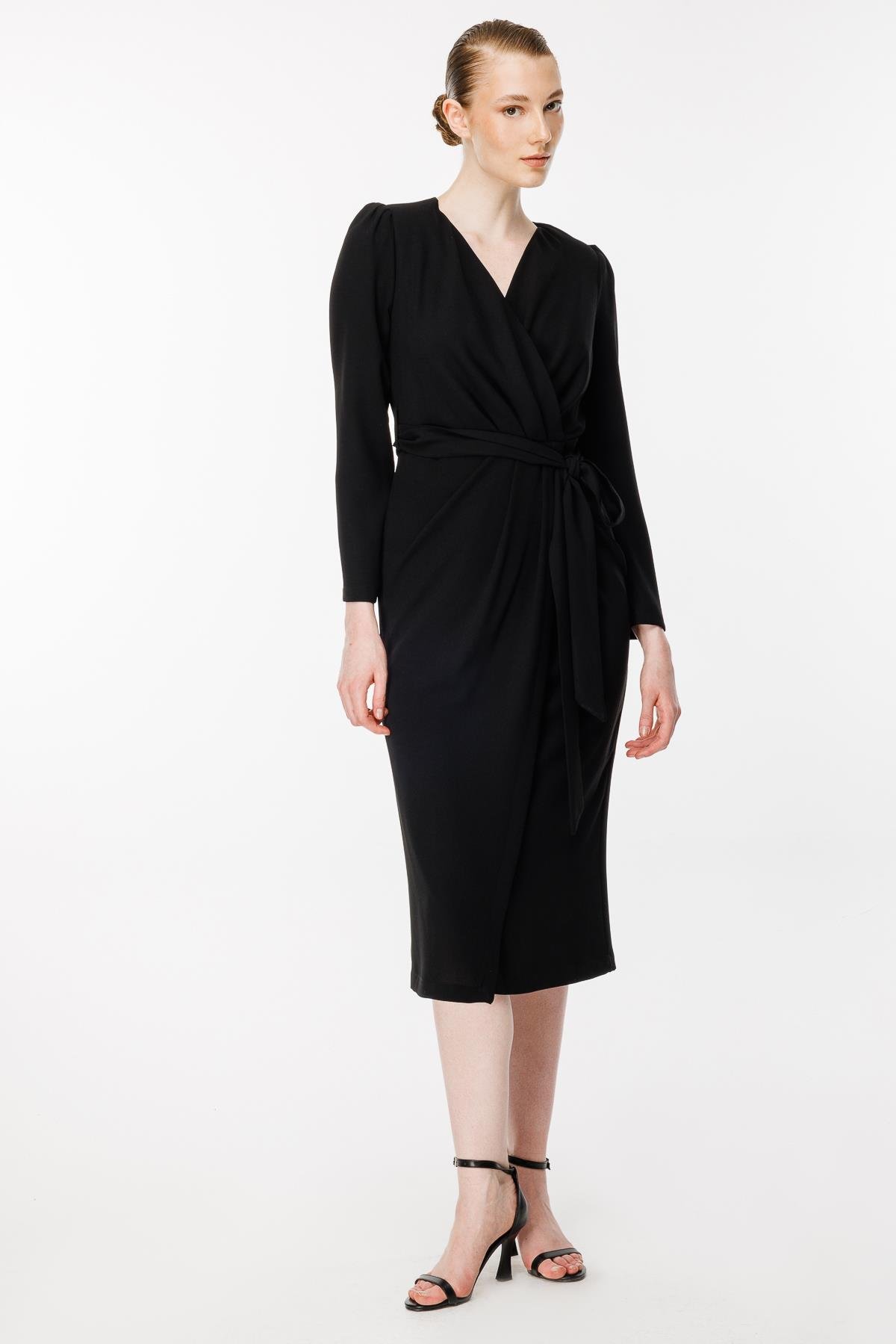 Kruvaze Yaka Kemerli Abiye Elbise - SİYAH