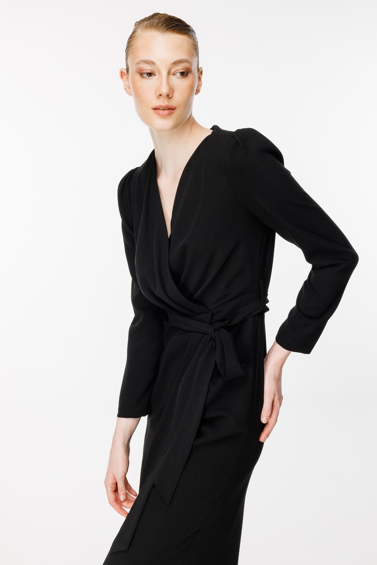 Kruvaze Yaka Kemerli Abiye Elbise - SİYAH