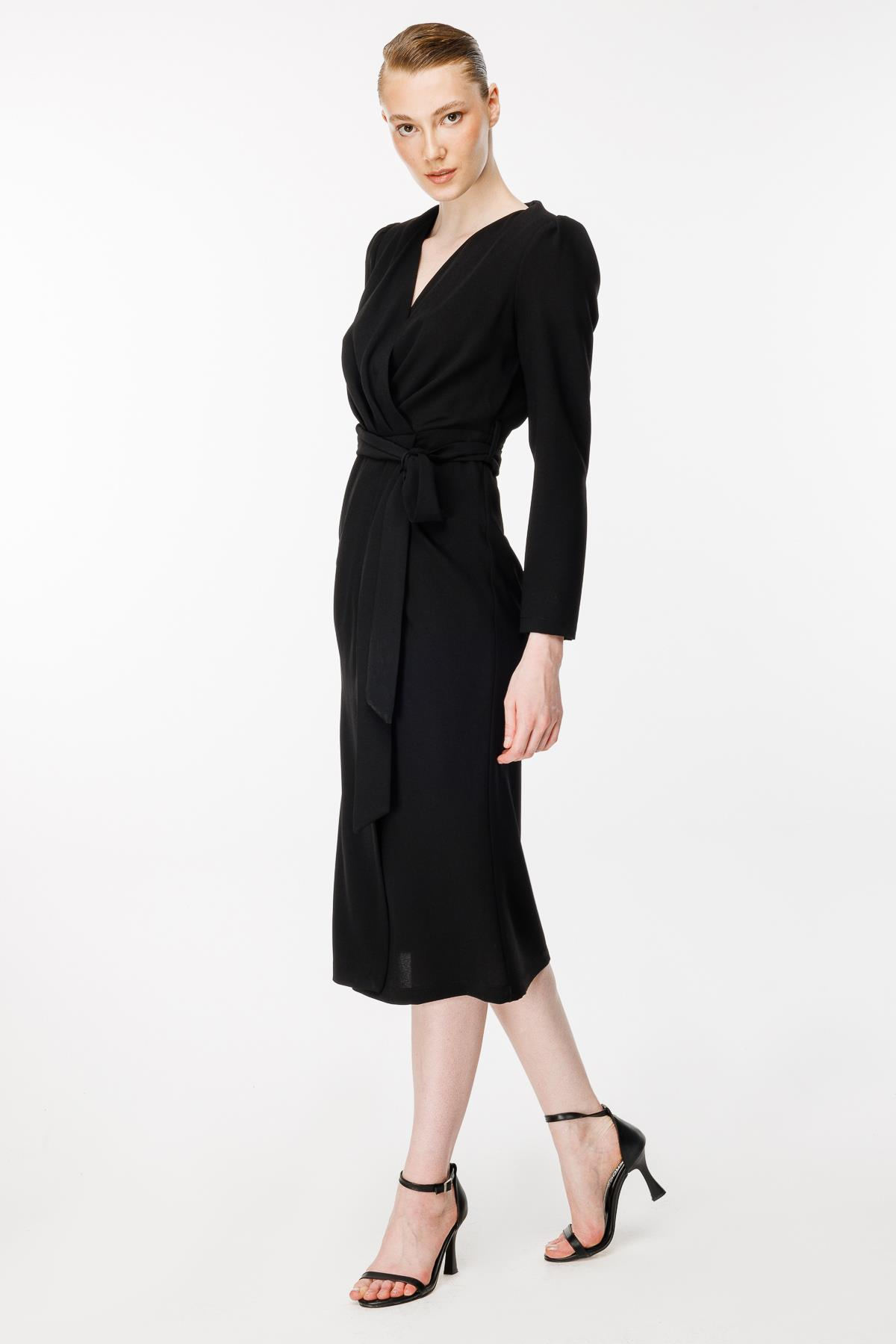 Kruvaze Yaka Kemerli Abiye Elbise - SİYAH