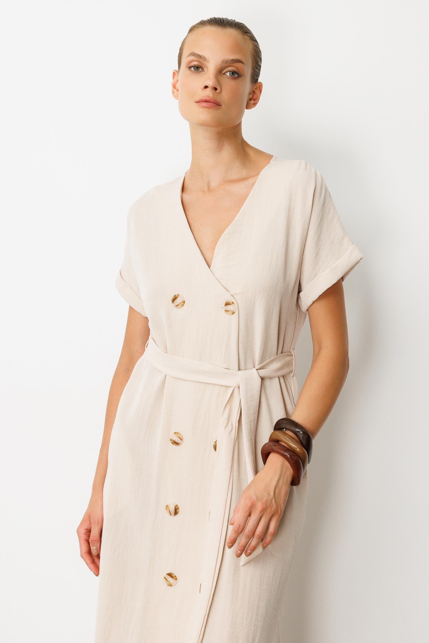 Kruvaze Yaka Keten Görünümlü Elbise-TAŞ