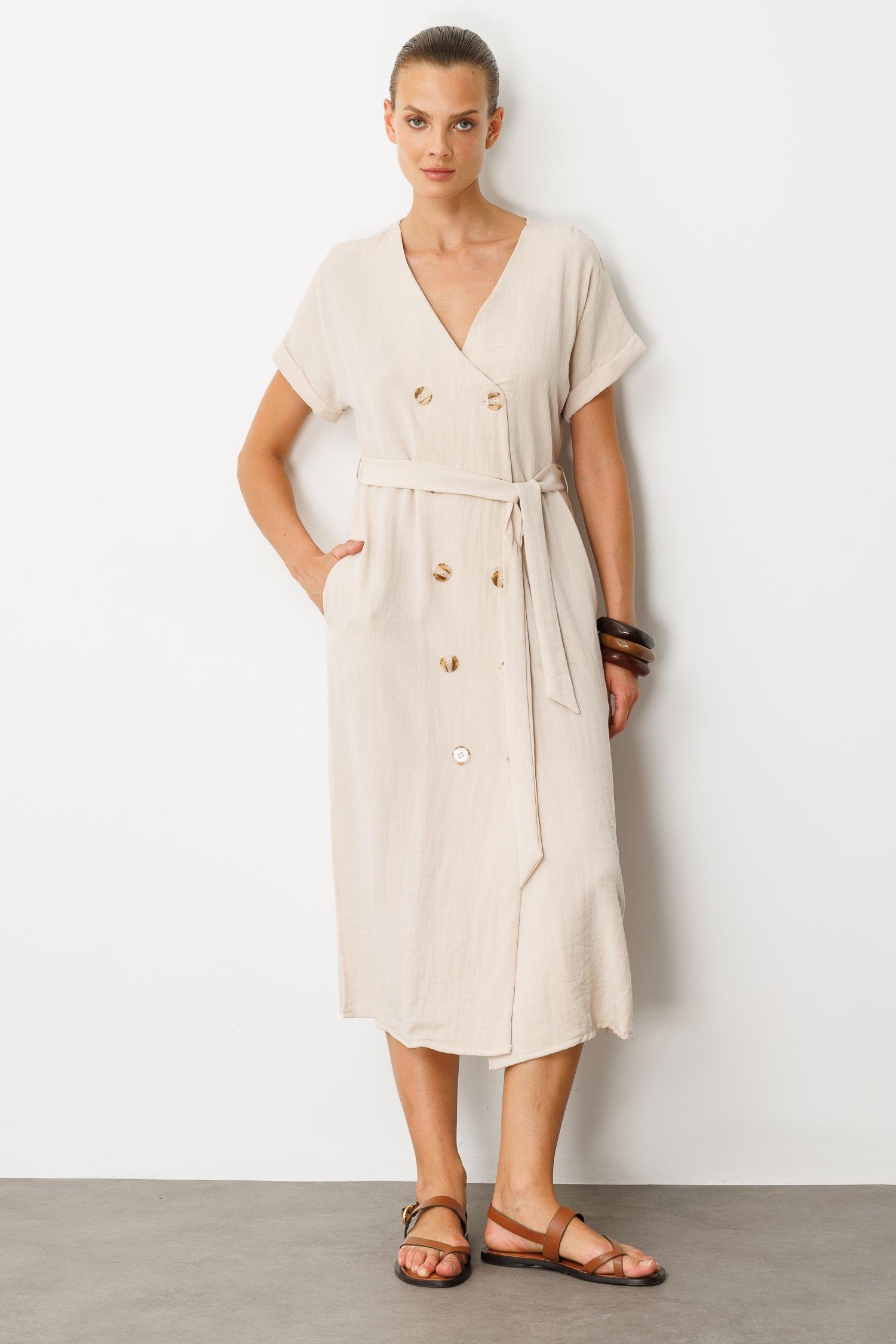 Kruvaze Yaka Keten Görünümlü Elbise-TAŞ