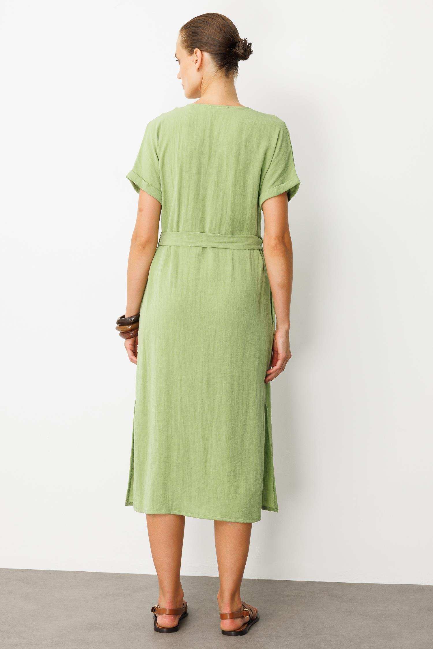 Kruvaze Yaka Keten Görünümlü Elbise-YEŞİL