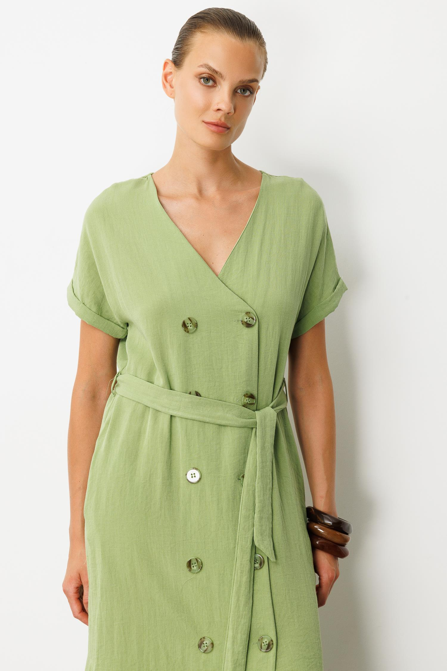 Kruvaze Yaka Keten Görünümlü Elbise-YEŞİL