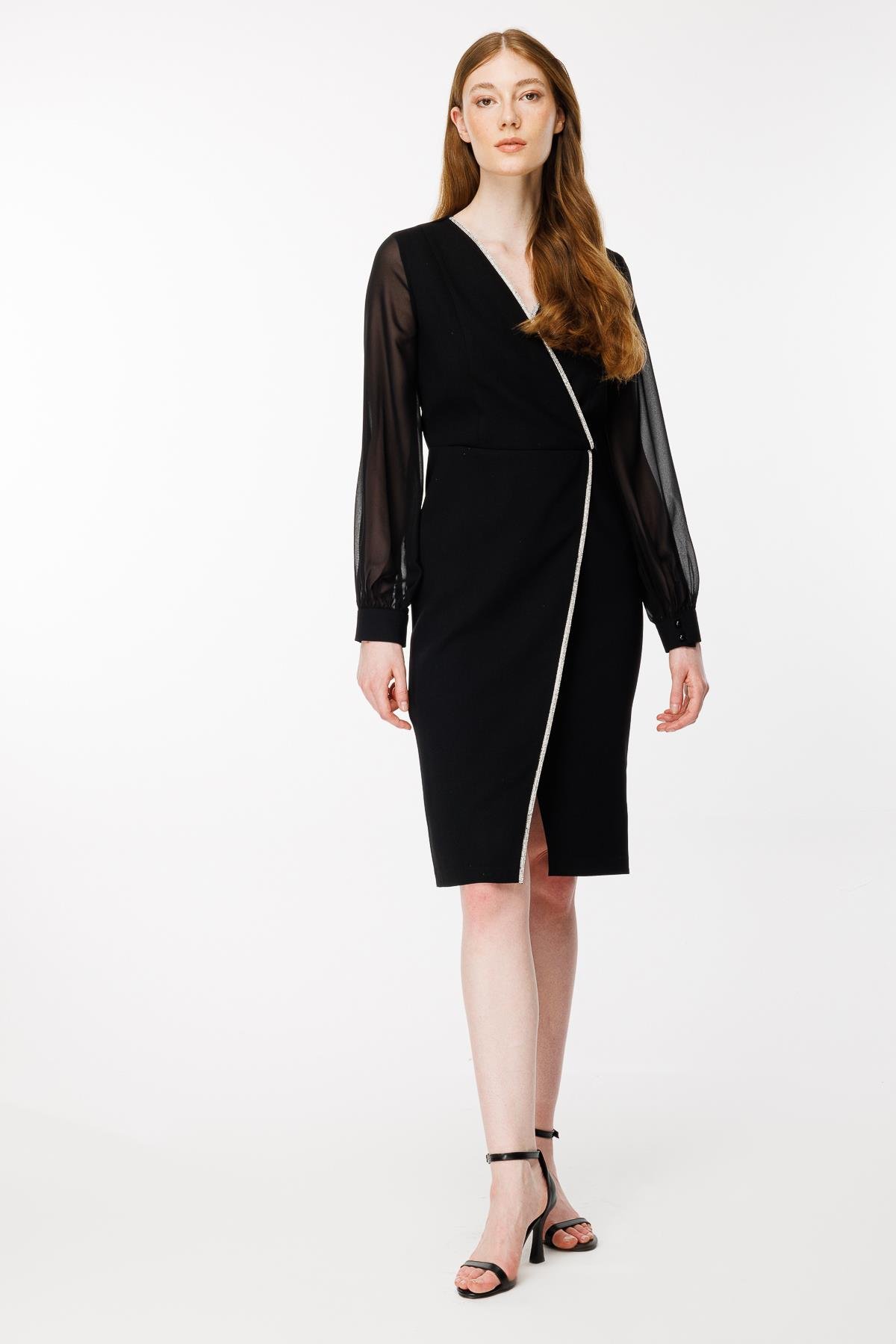 Kruvaze Yaka Kolları Şifon Önü Parlak Taş Detaylı Abiye - SİYAH