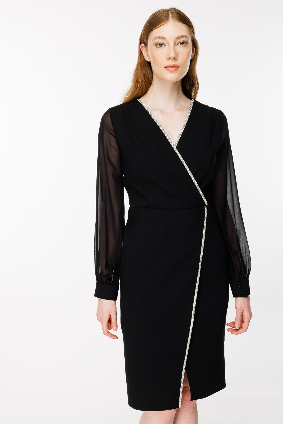 Kruvaze Yaka Kolları Şifon Önü Parlak Taş Detaylı Abiye - SİYAH