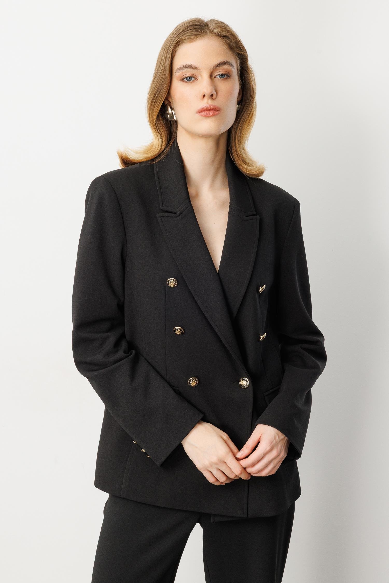 Kruvaze Yaka Krep Ceket-SİYAH