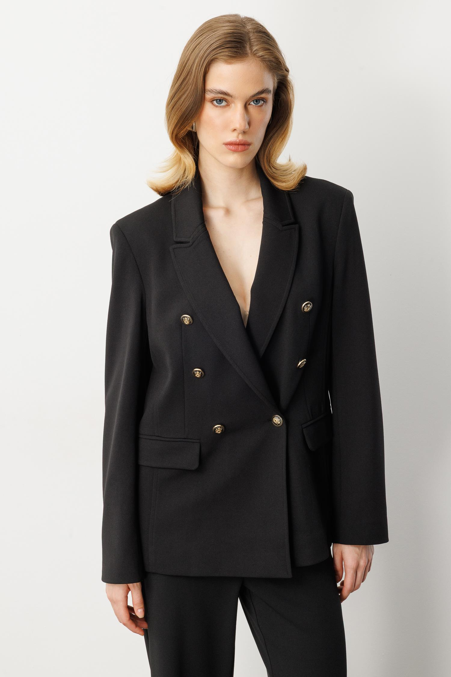 Kruvaze Yaka Krep Ceket-SİYAH