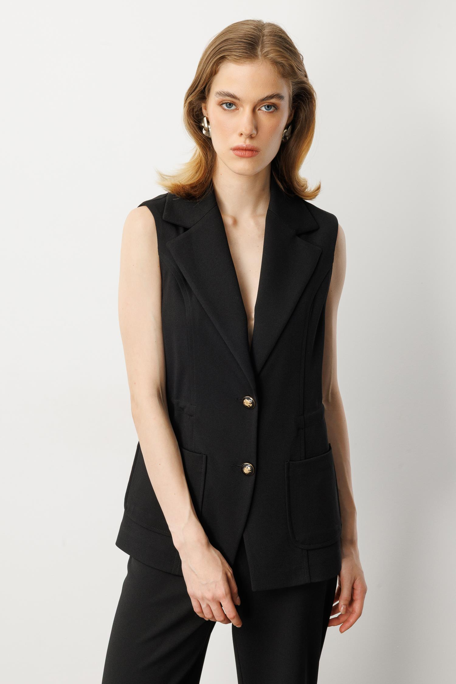 Kruvaze Yaka Krep Yelek-SİYAH