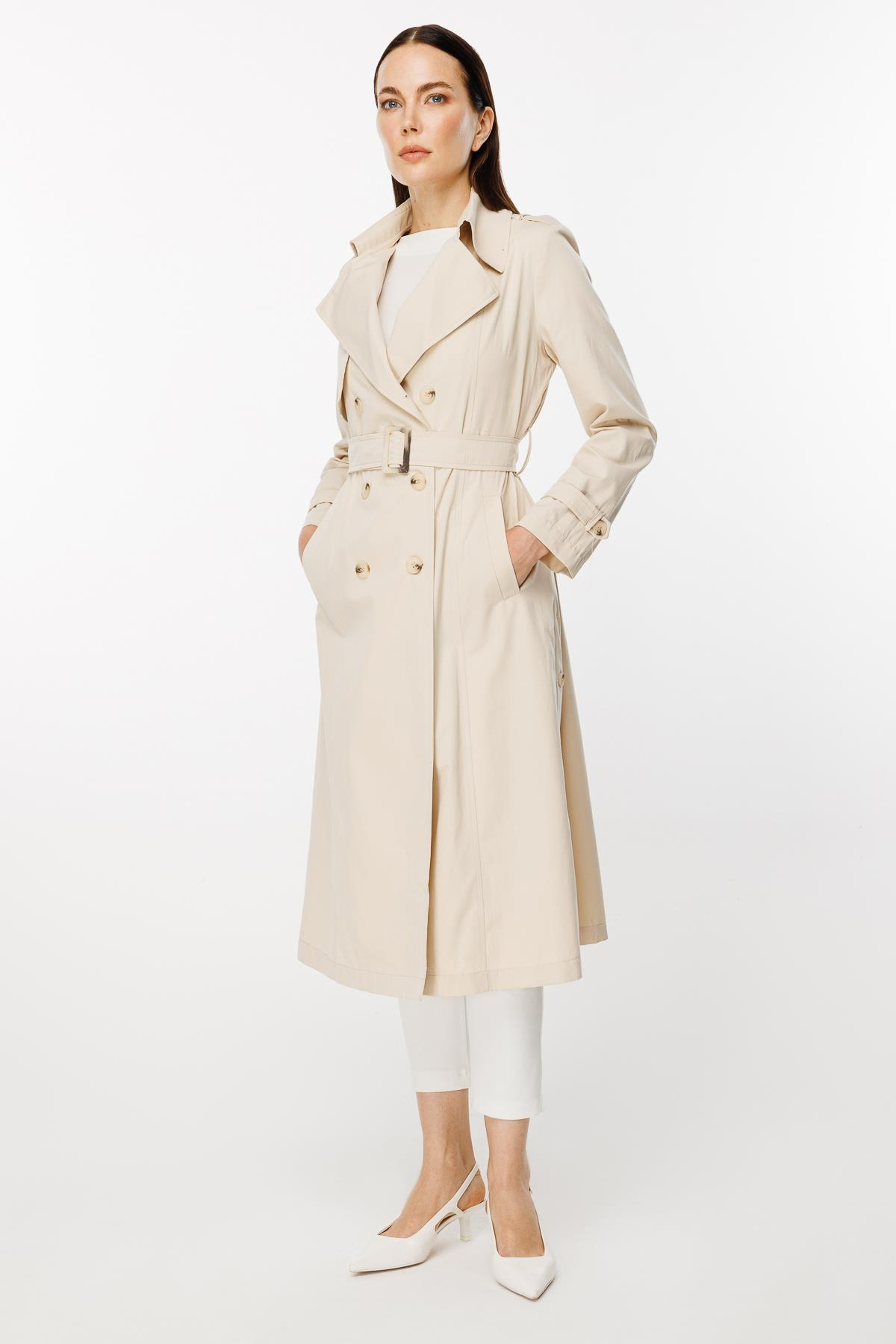 Kruvaze Yaka Kuşaklı Trençkot - BEJ