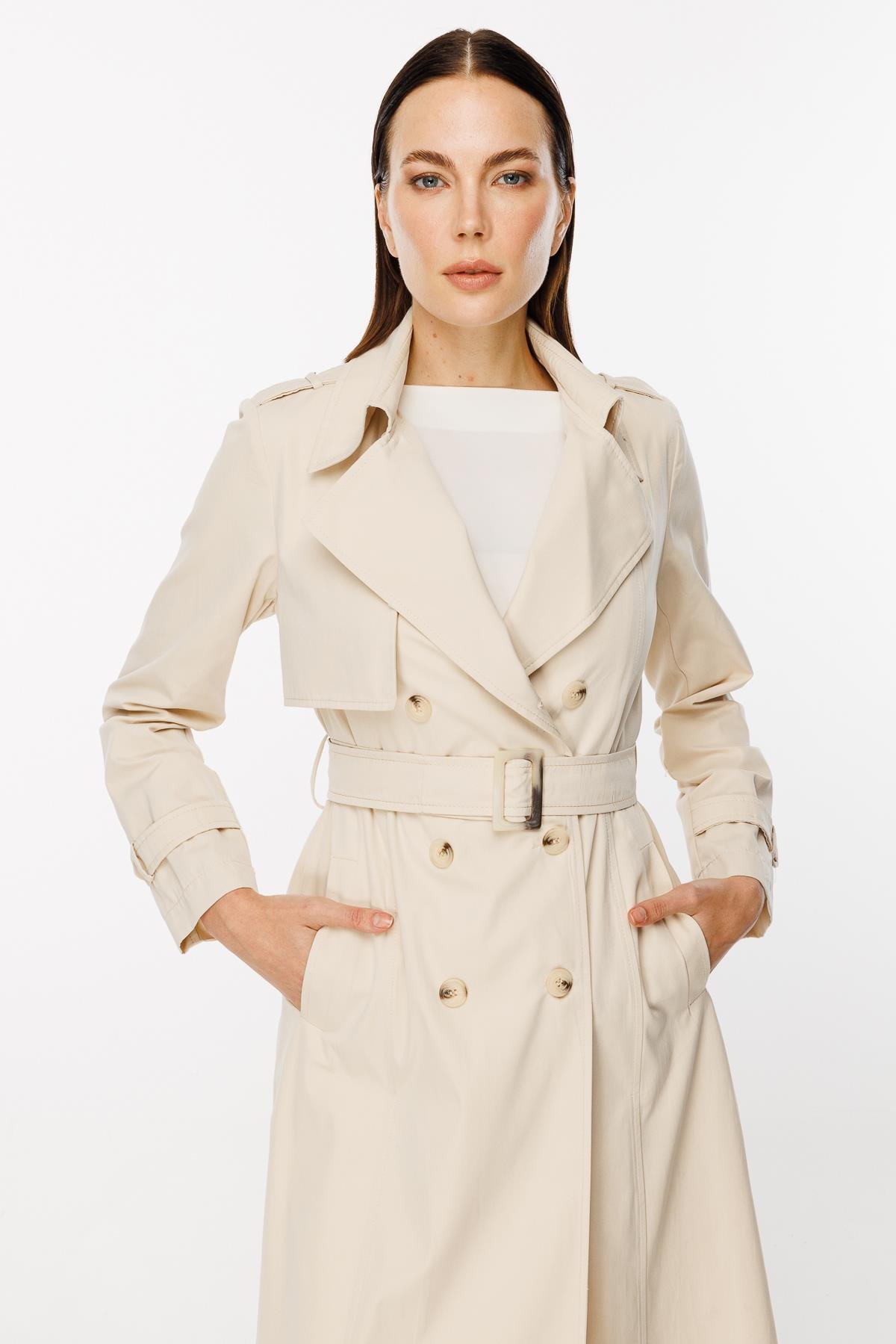 Kruvaze Yaka Kuşaklı Trençkot - BEJ