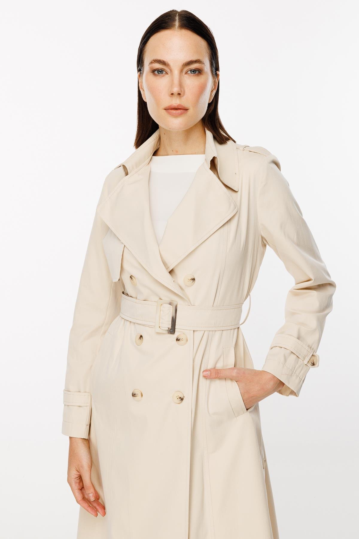 Kruvaze Yaka Kuşaklı Trençkot - BEJ
