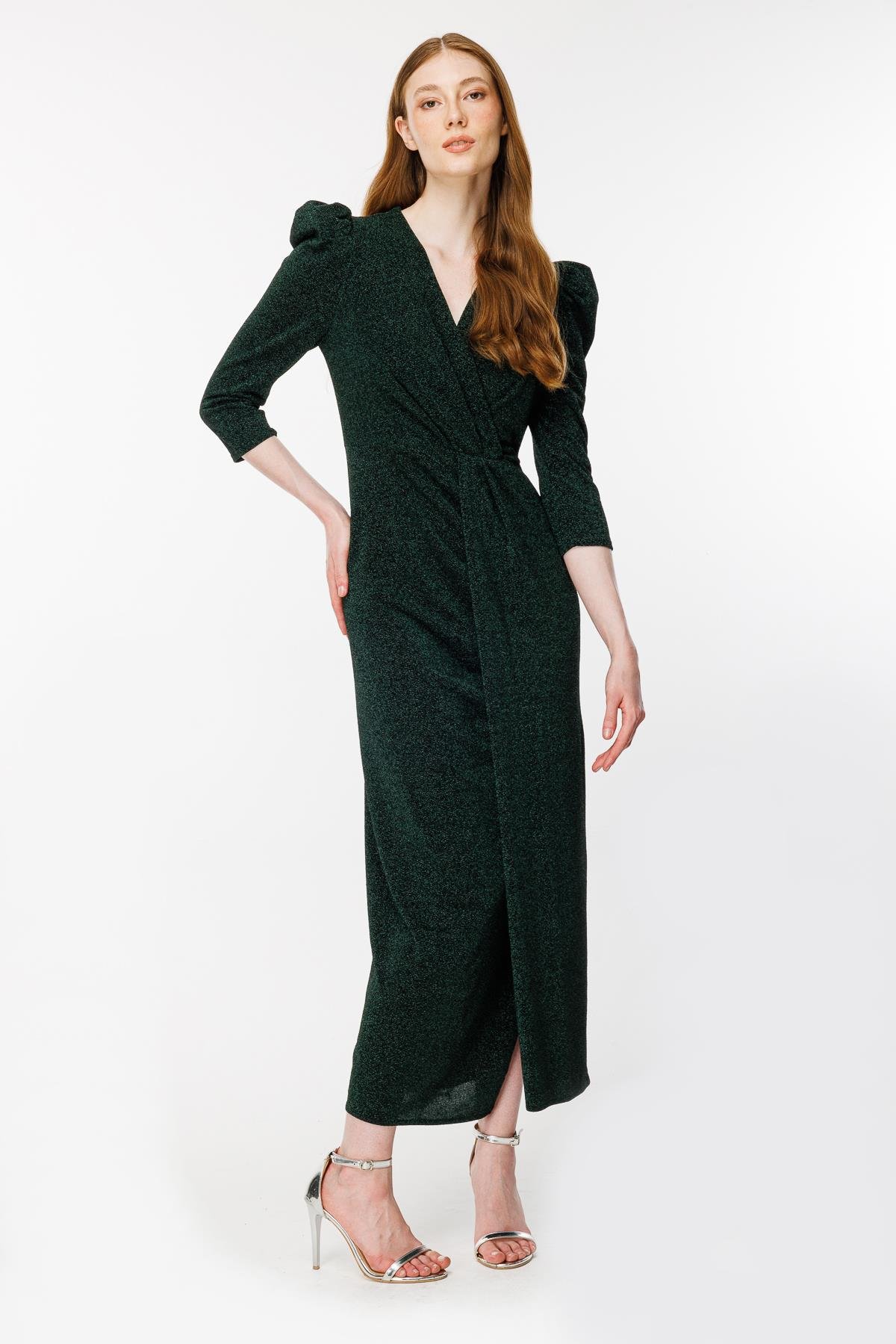 Kruvaze Yaka Sim Ve Yırtmaç Detaylı Abiye - ZÜMRÜT