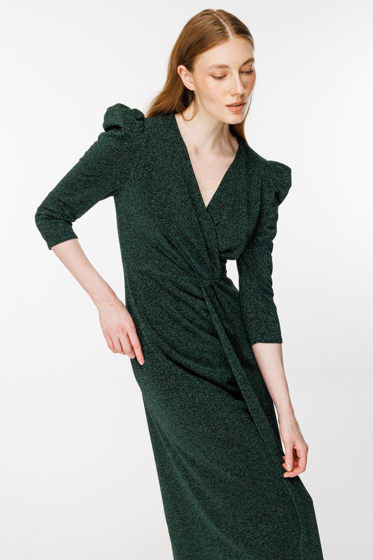 Kruvaze Yaka Sim Ve Yırtmaç Detaylı Abiye - ZÜMRÜT