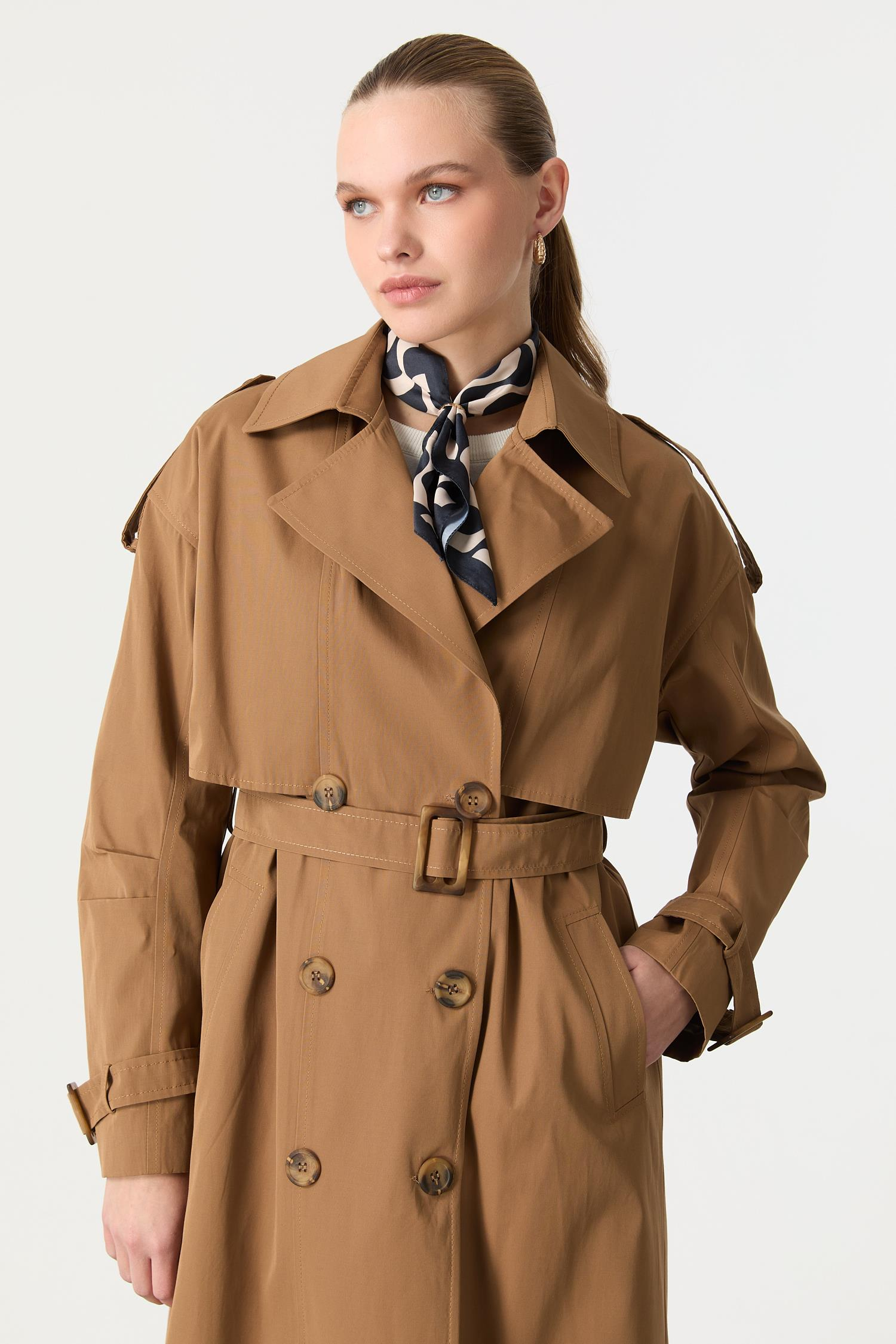 Kruvaze Yaka Uzun Kaşe Kaban-CAMEL