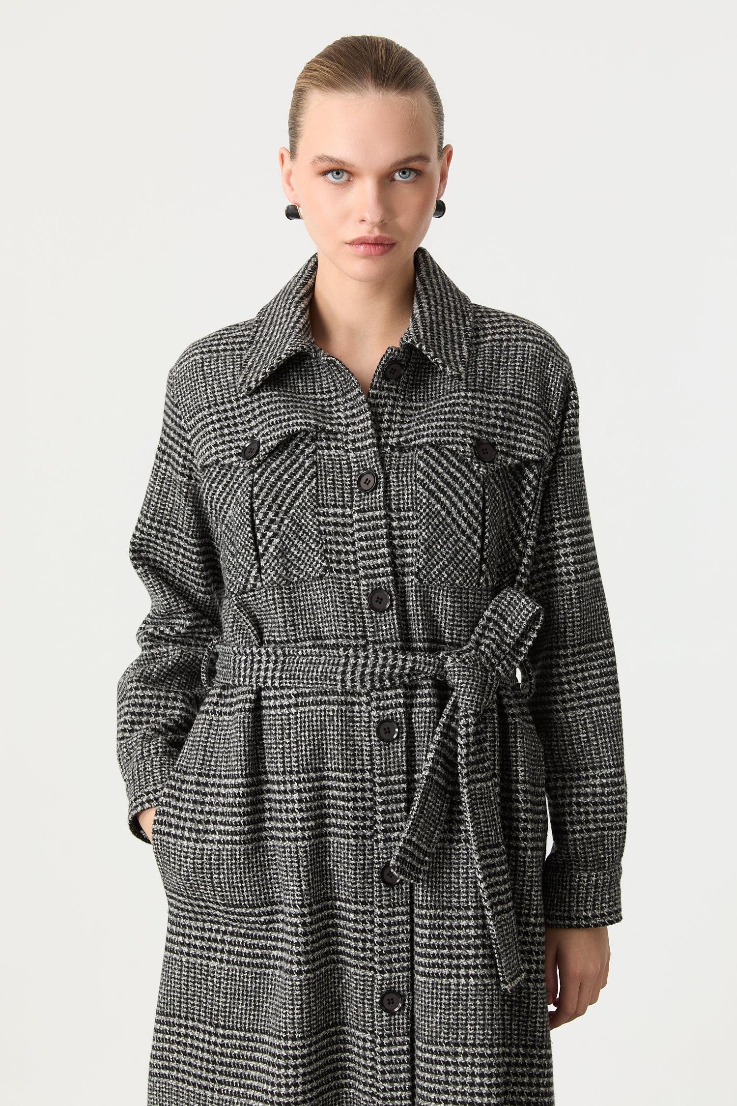 Kruvaze Yaka Uzun Kaşe Kaban-GRİ