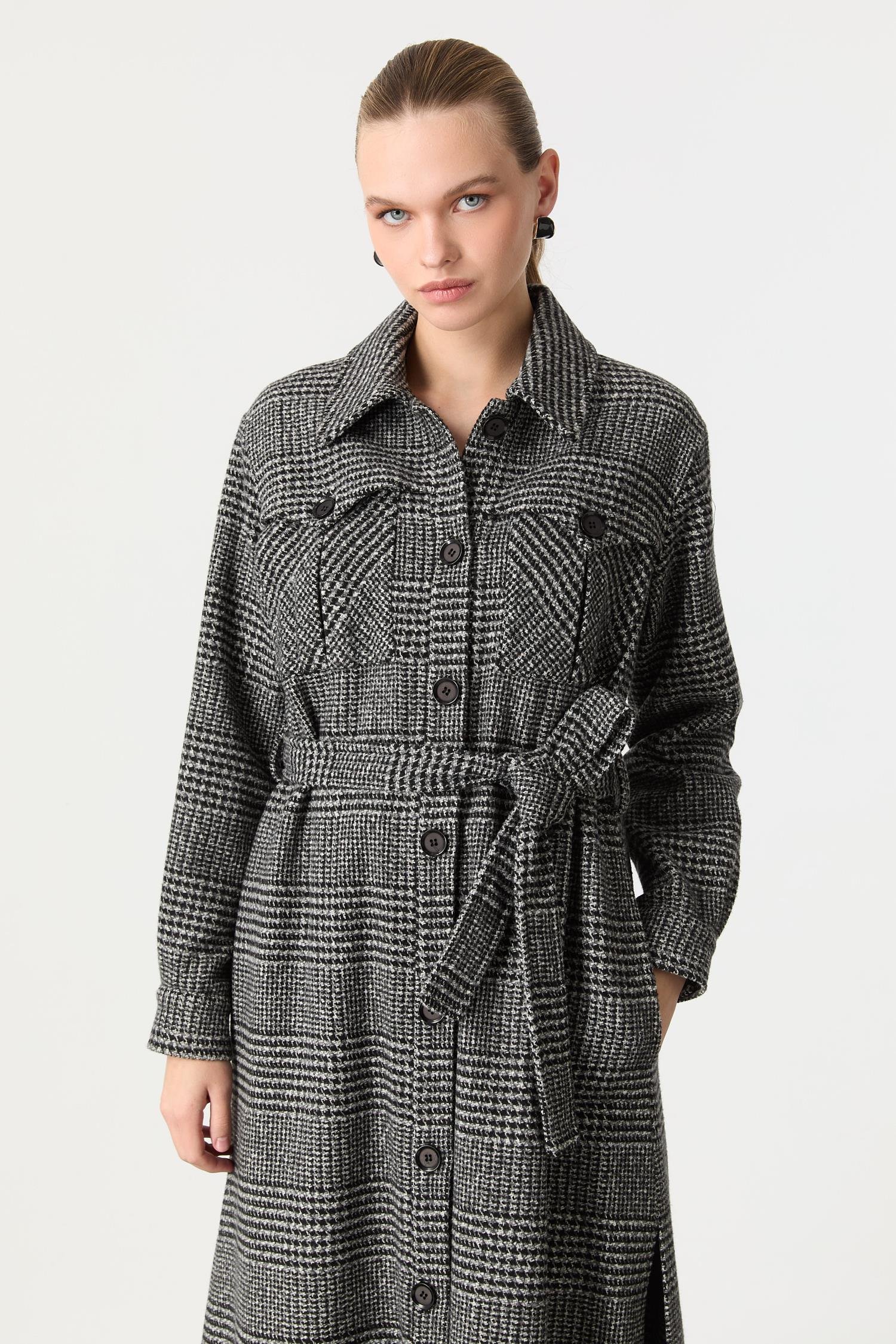 Kruvaze Yaka Uzun Kaşe Kaban-GRİ