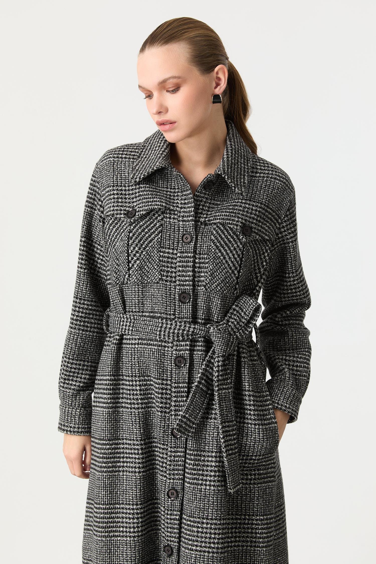 Kruvaze Yaka Uzun Kaşe Kaban-GRİ