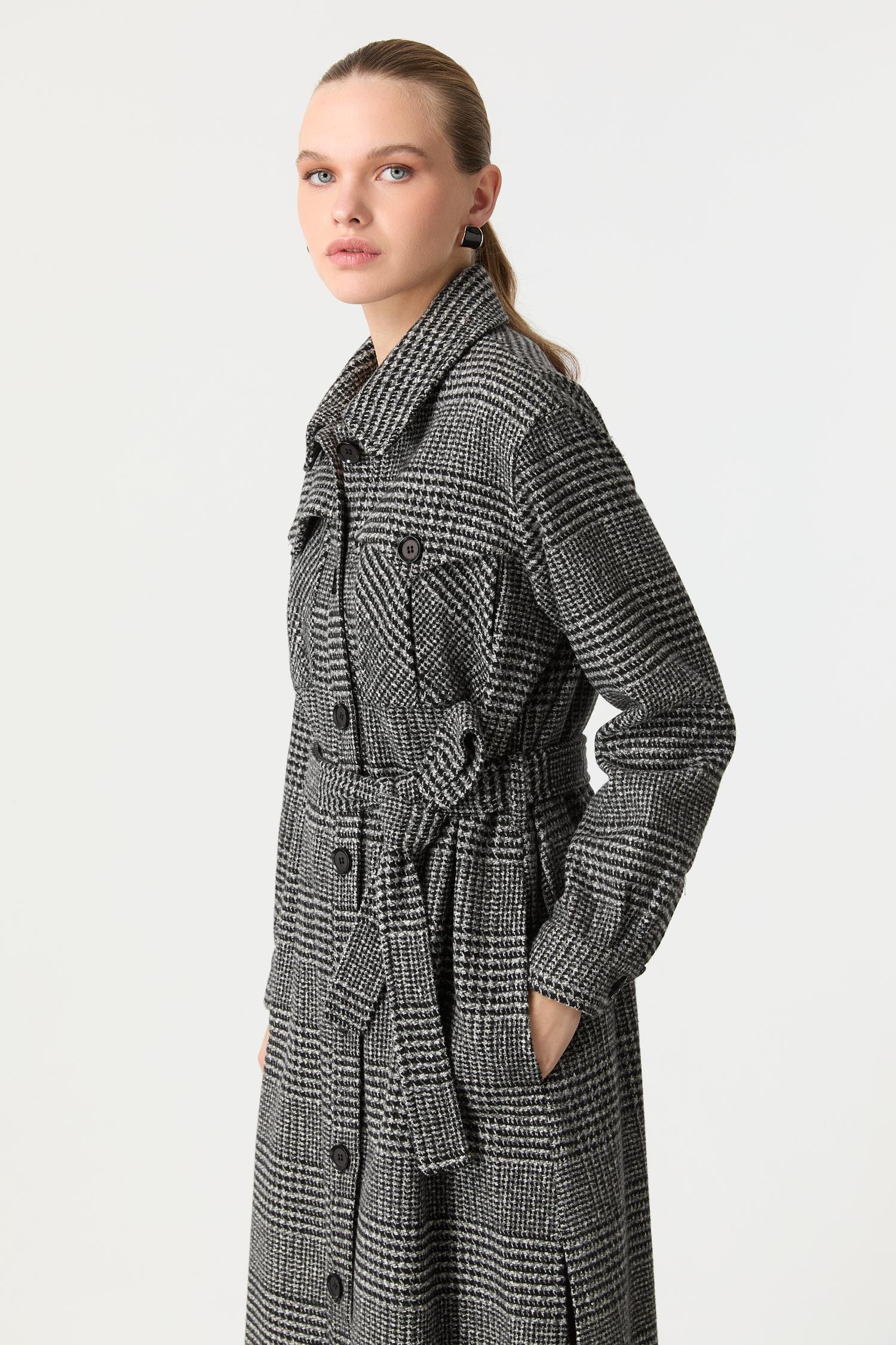 Kruvaze Yaka Uzun Kaşe Kaban-GRİ