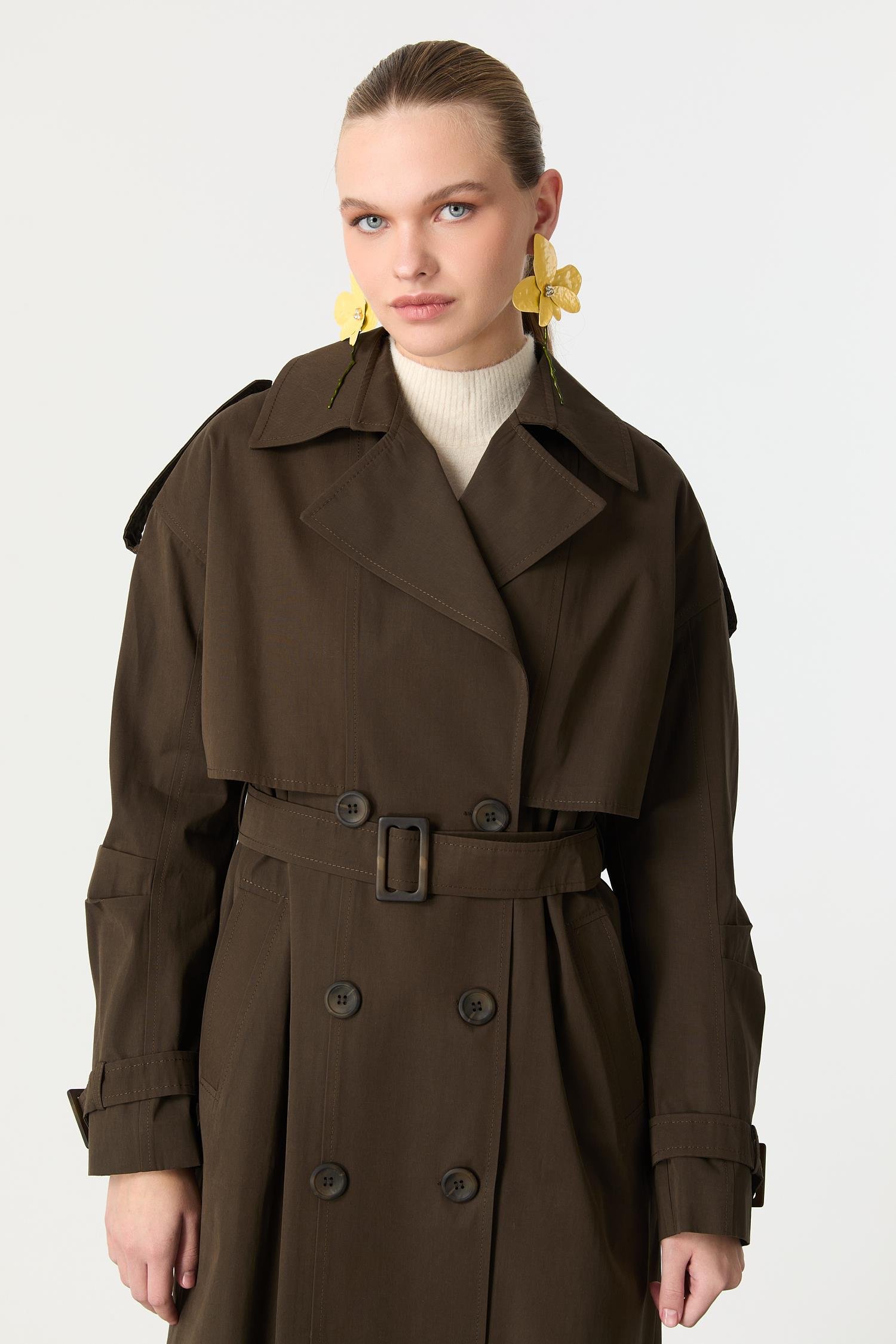 Kruvaze Yaka Uzun Kaşe Kaban-HAKİ