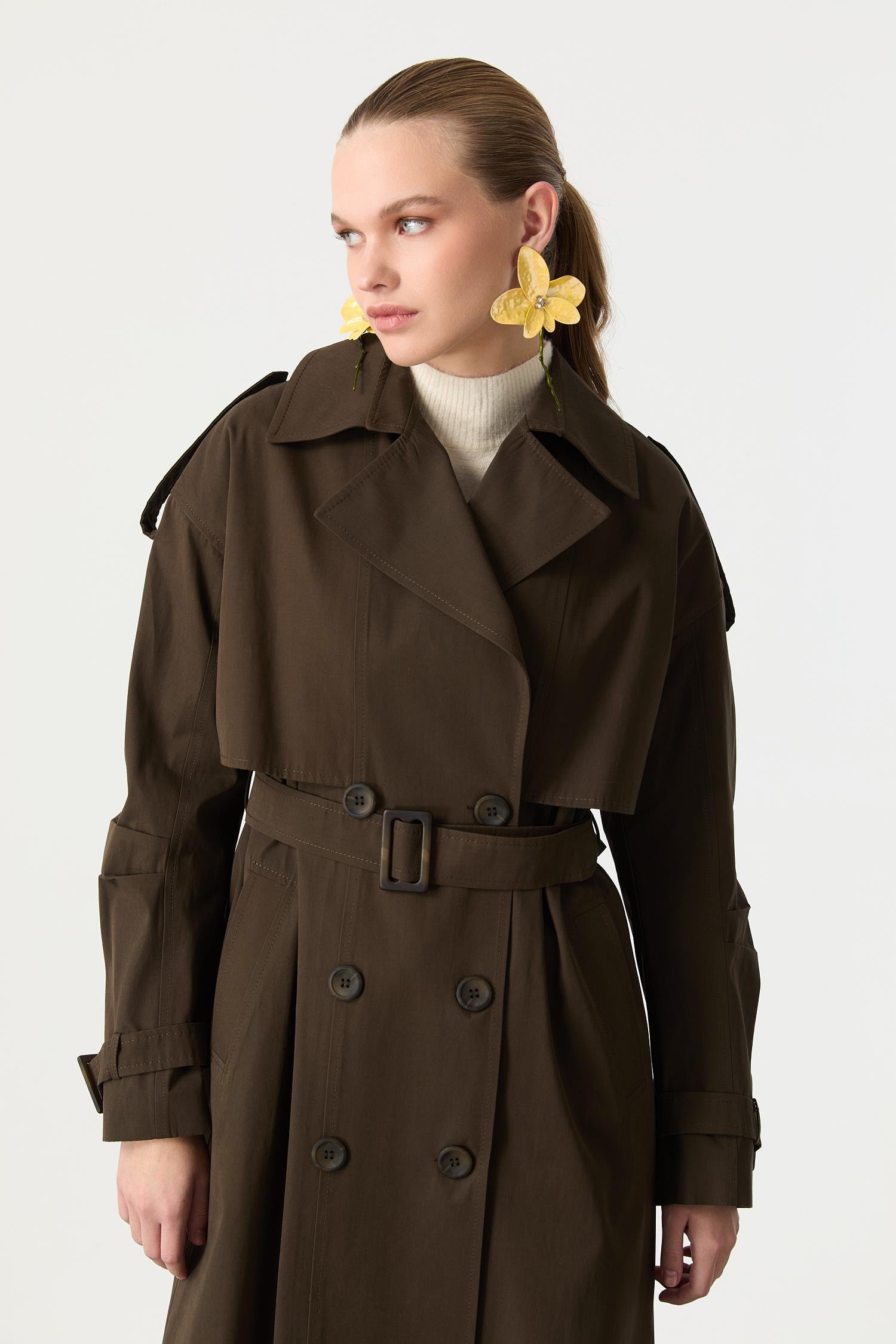 Kruvaze Yaka Uzun Kaşe Kaban-HAKİ