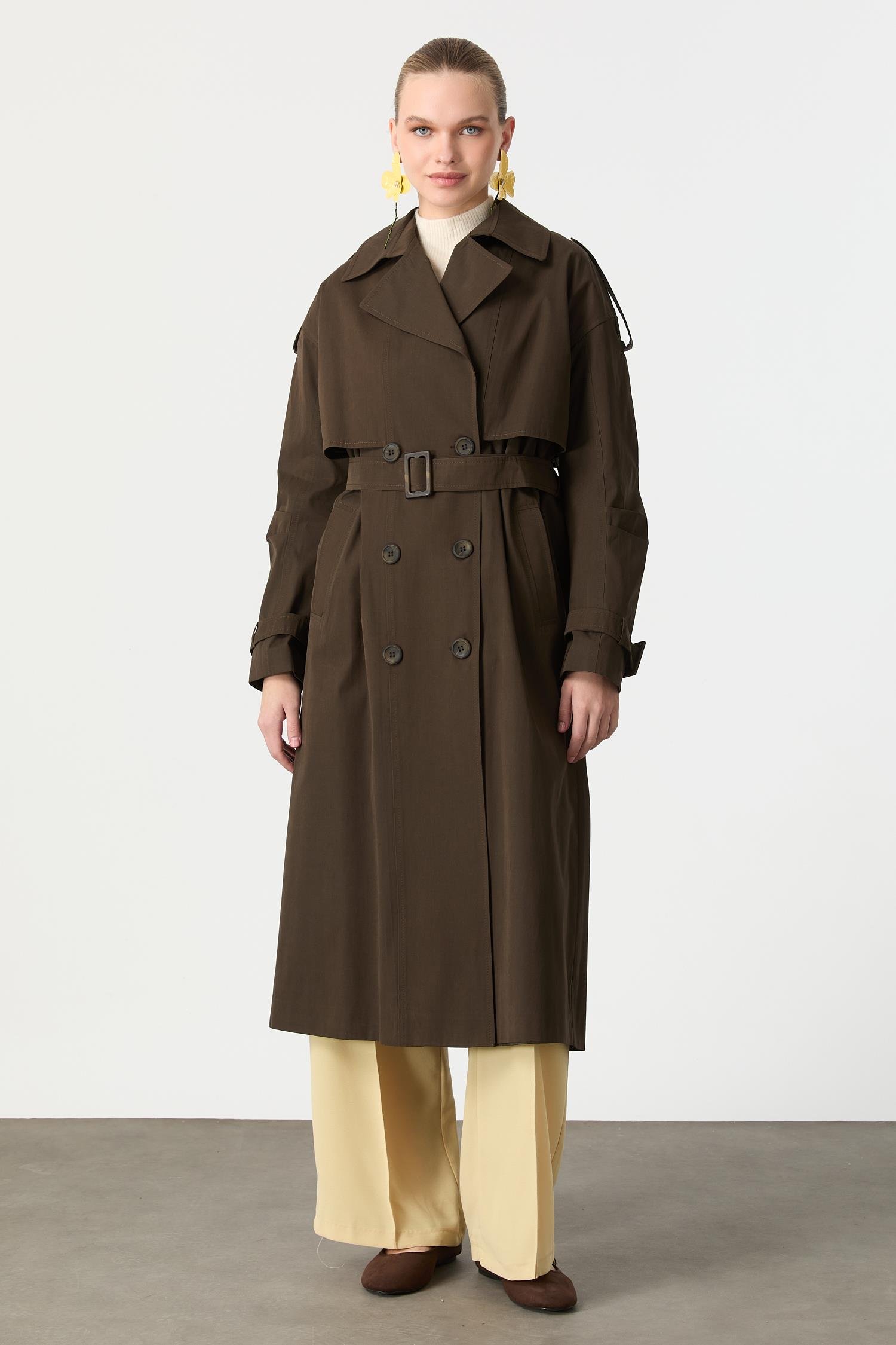 Kruvaze Yaka Uzun Kaşe Kaban-HAKİ